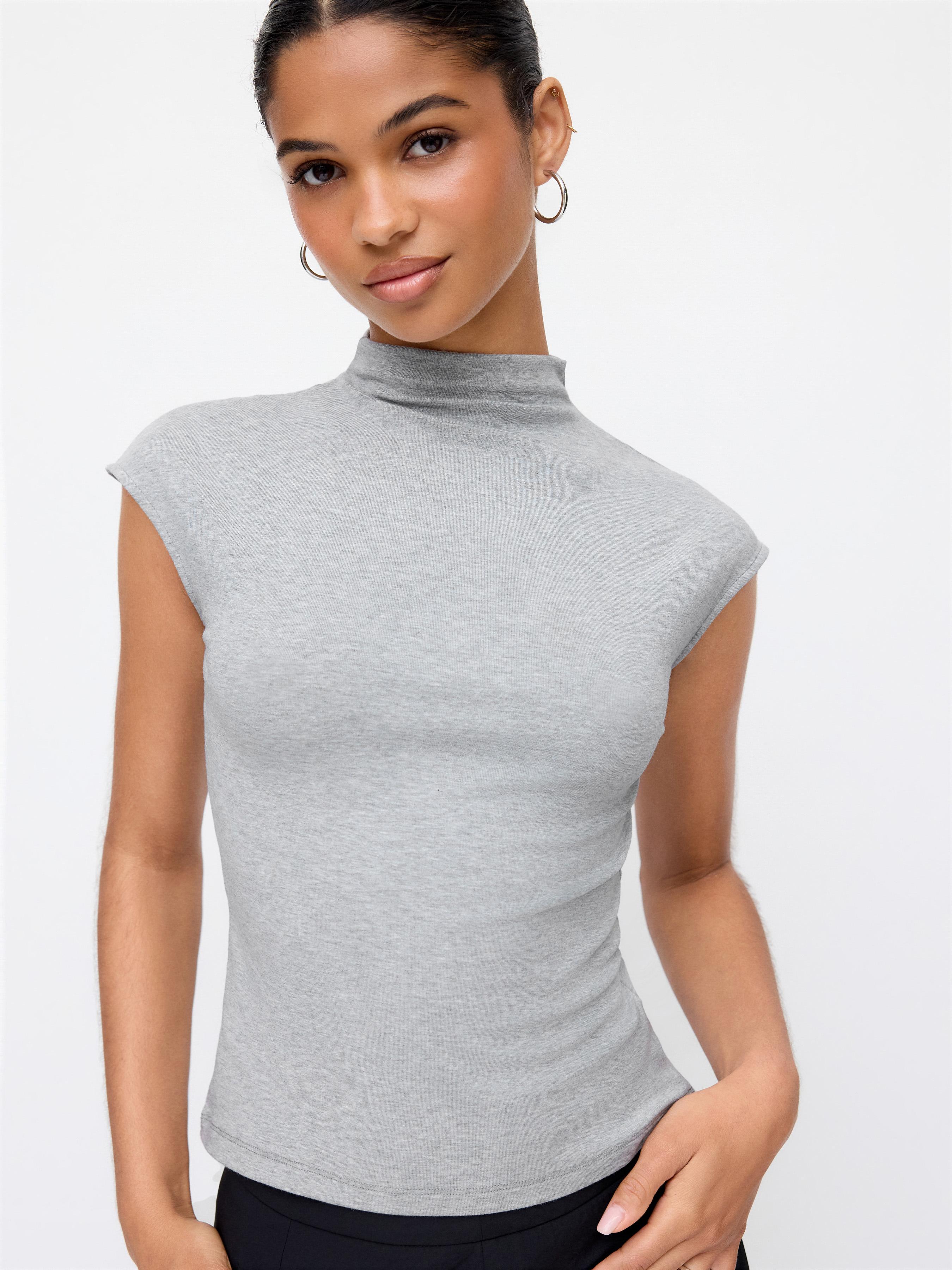 Cotton-blend Stand Collar Cap Sleeve Long Top by CIDER