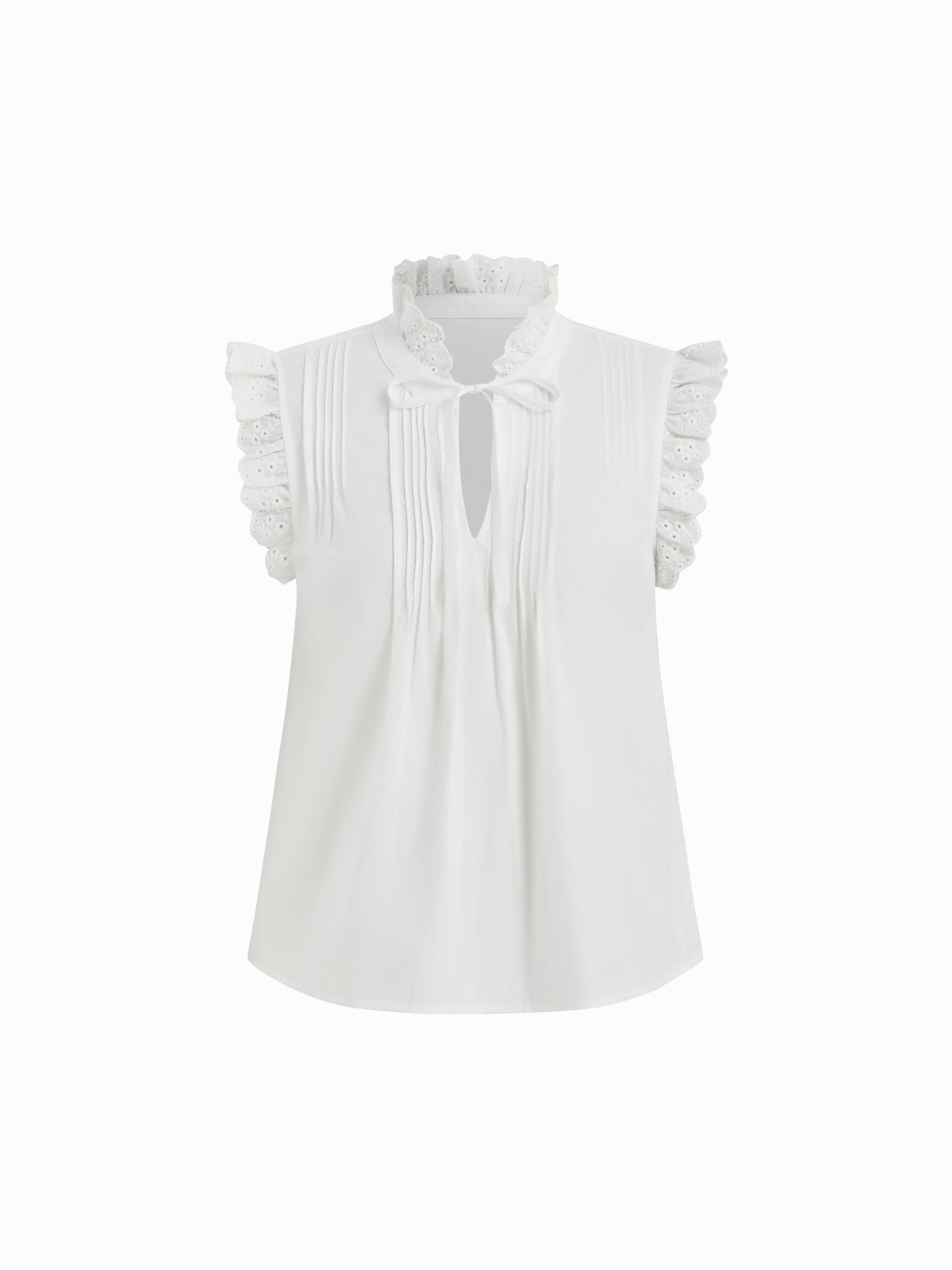 Cotton-blend Stand Collar Lace Panel Ruffled Oversized Blouse Oversized by CIDER