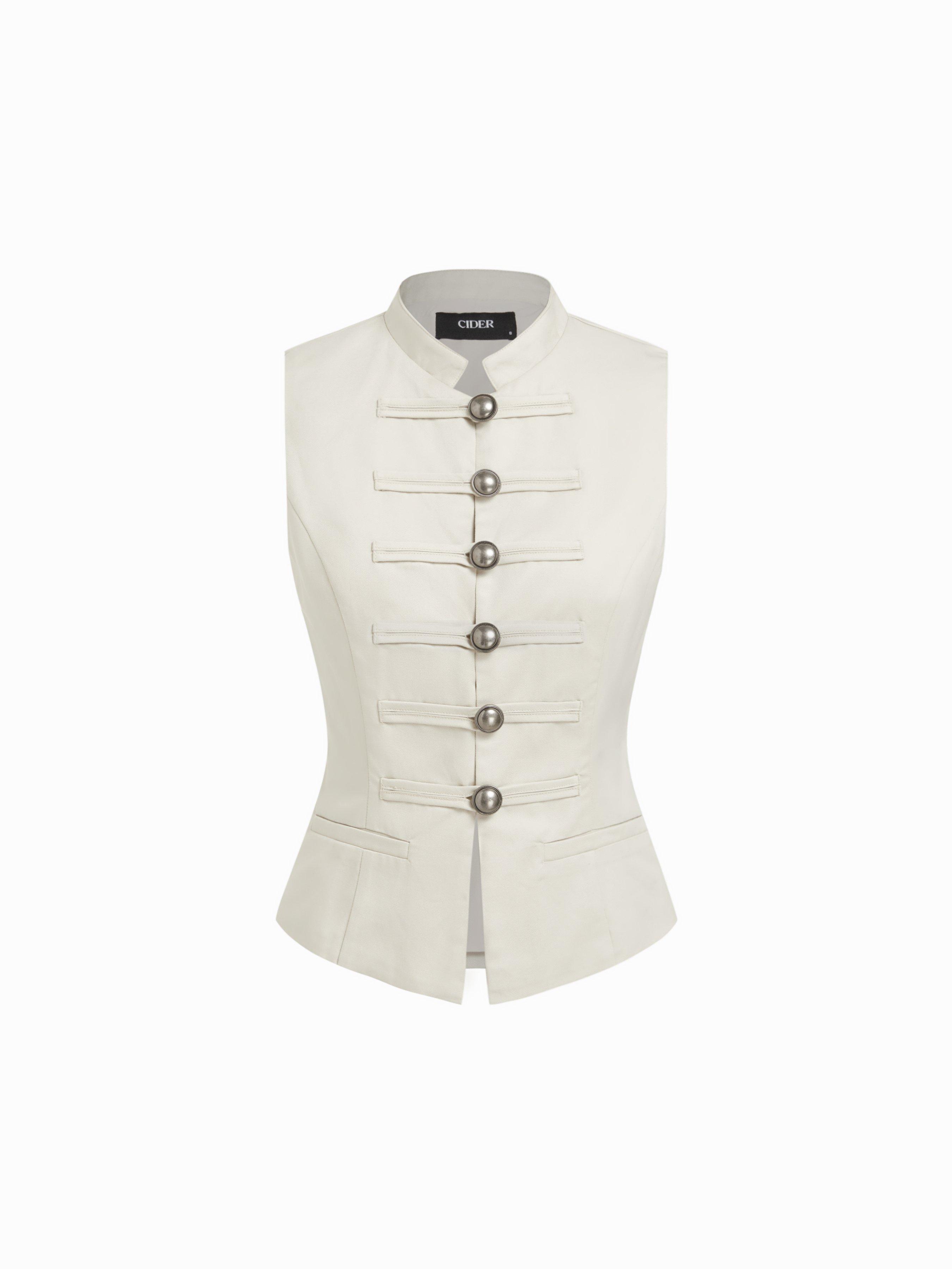 Cotton-blend Stand Collar Metal Button Detail Waistcoat by CIDER