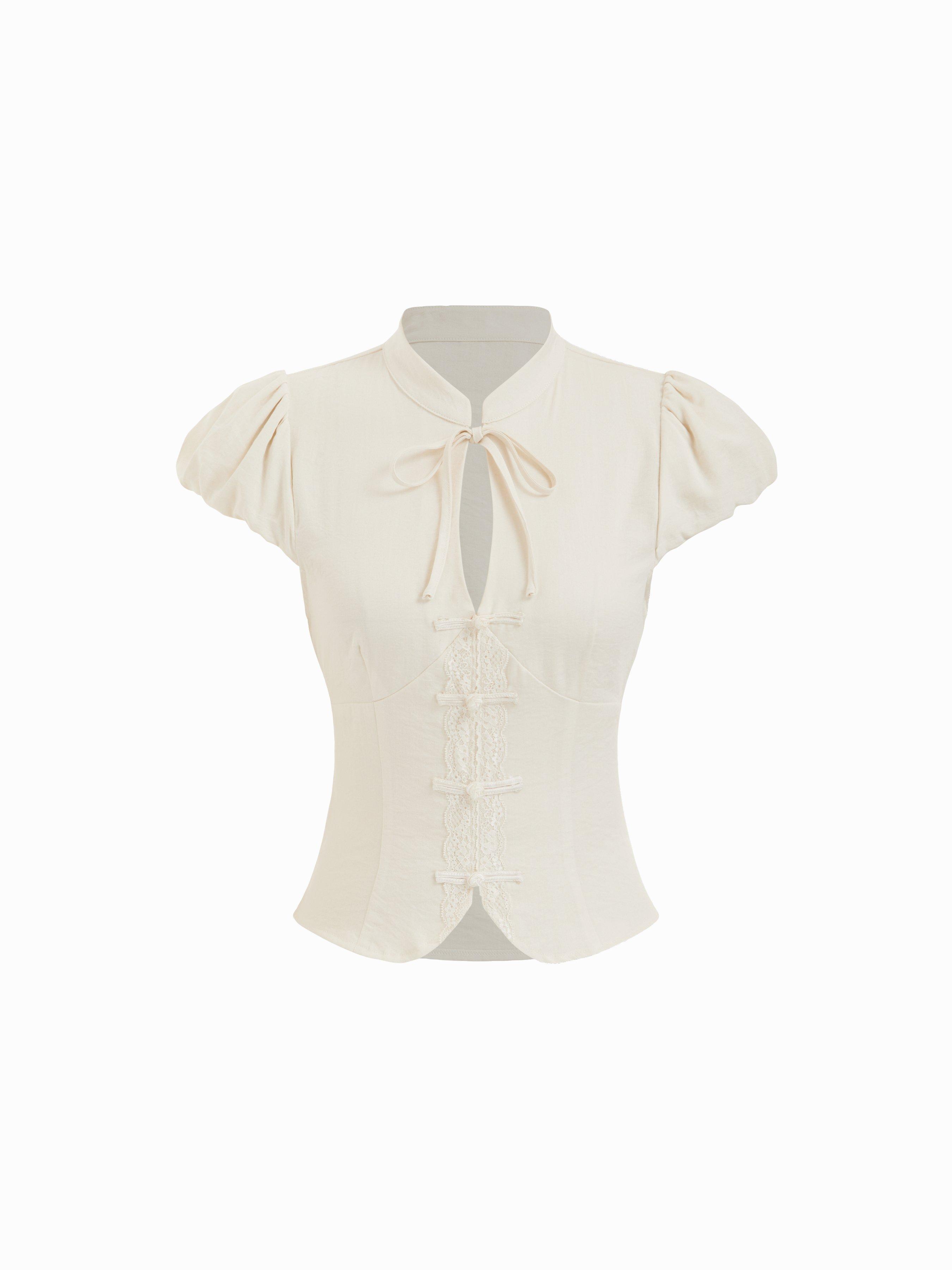 Cotton-blend Stand Collar Puff Sleeve Lace Trim Bowknot Cut Out Blouse by CIDER
