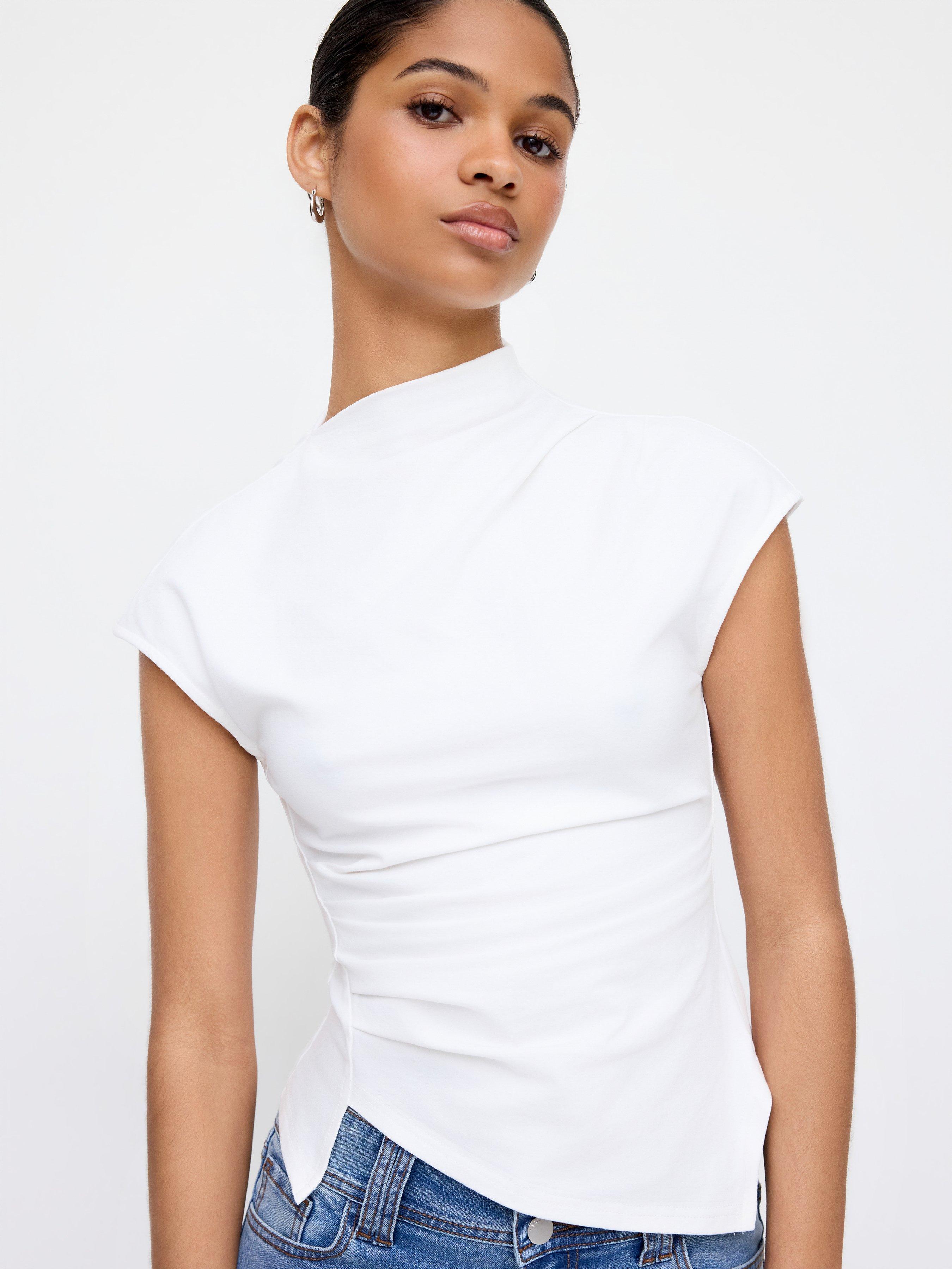 Cotton-blend Stand Collar Ruched Asymmetrical Hem Short Sleeve Top by CIDER