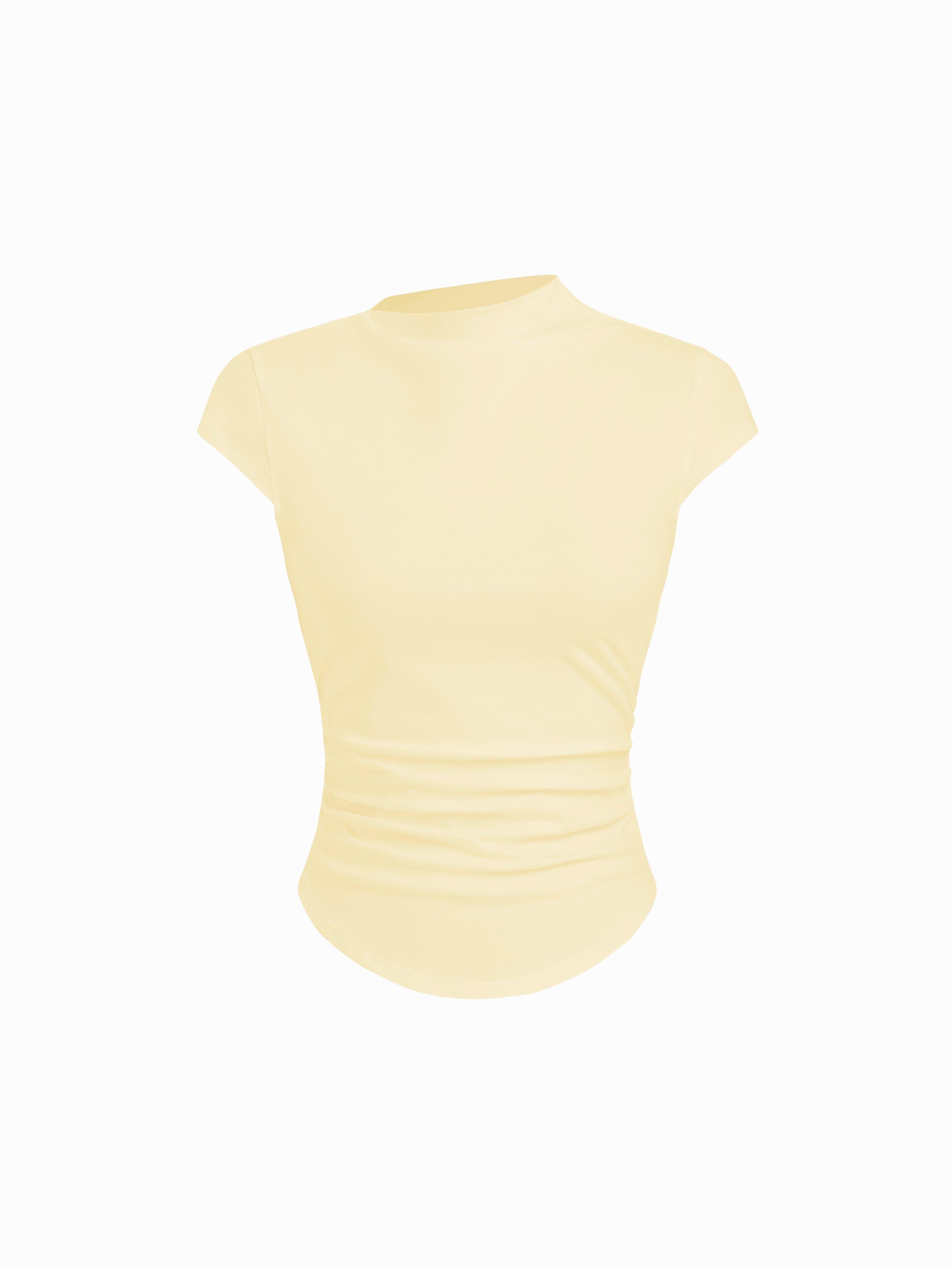 Cotton-blend Stand Collar Ruched Short Sleeve Tee by CIDER