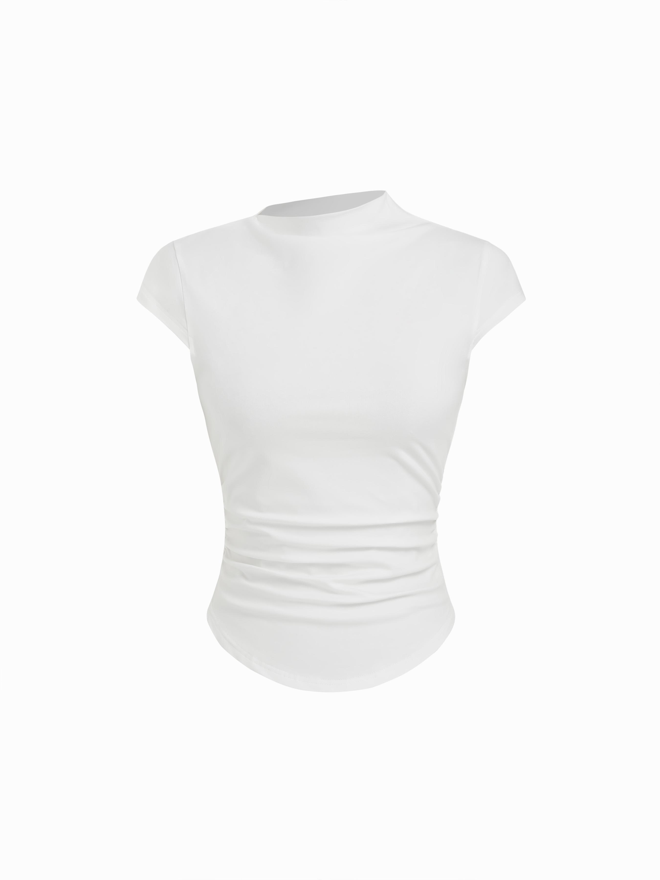 Cotton-blend Stand Collar Ruched Short Sleeve Tee by CIDER