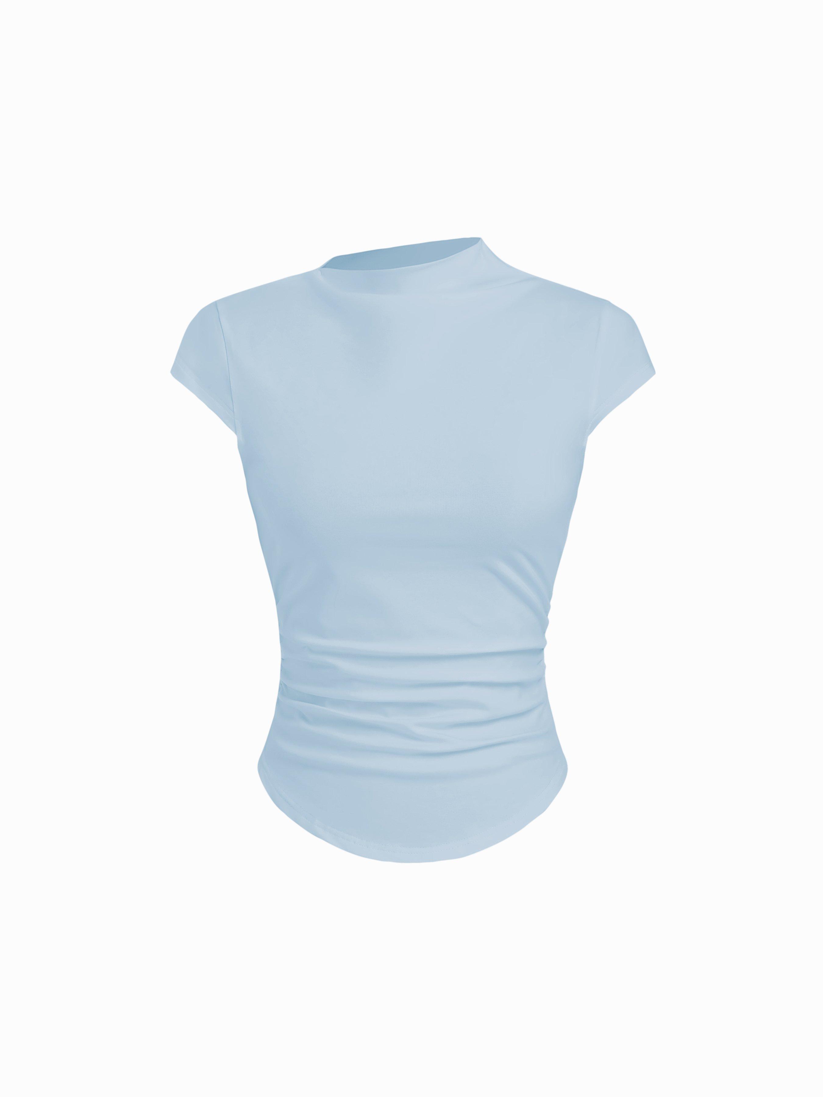 Cotton-blend Stand Collar Ruched Short Sleeve Tee by CIDER