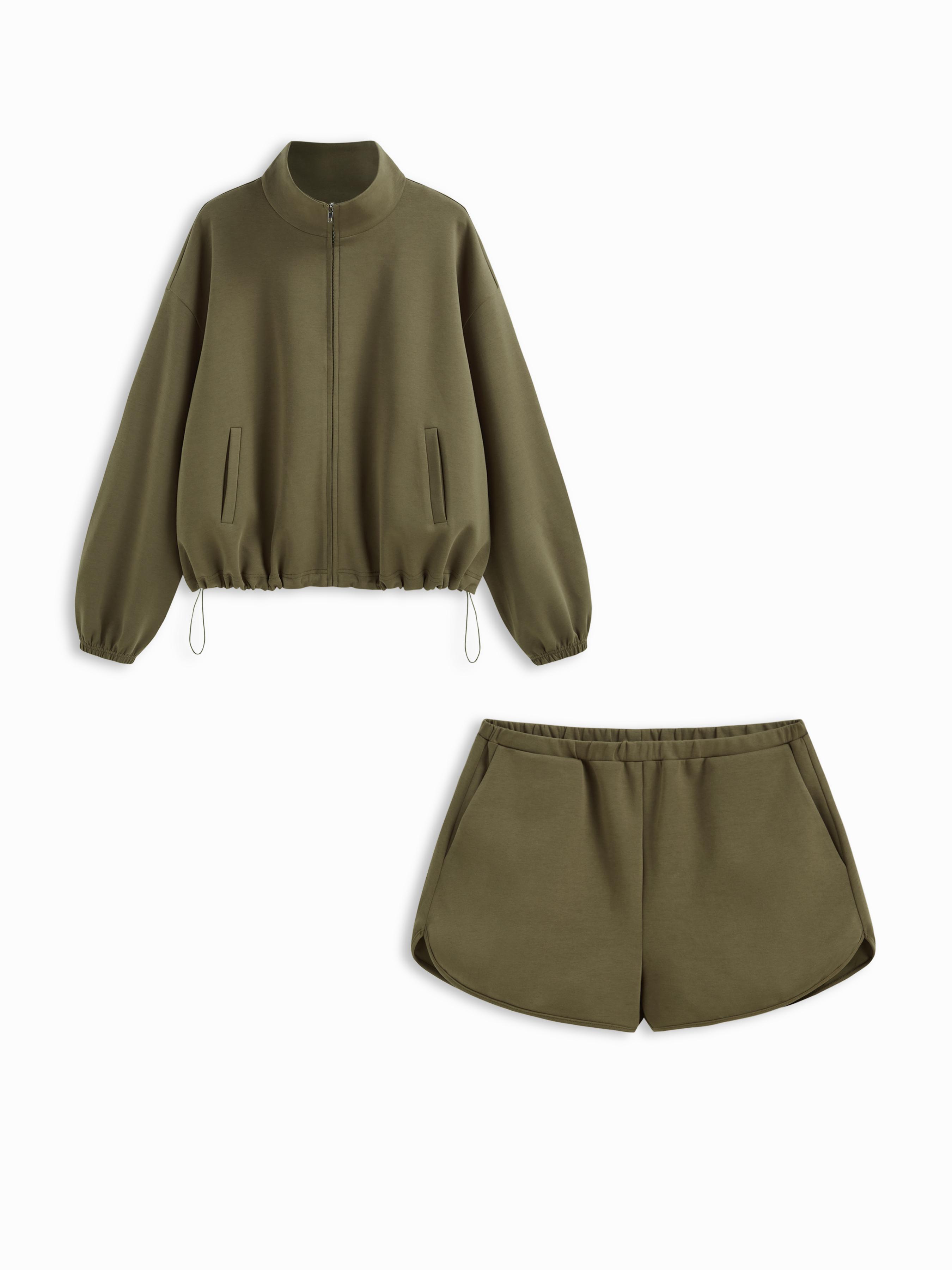 Cotton-blend Stand Collar Zip Through Drawstring Sweatshirt & Mid Rise Shorts Set by CIDER