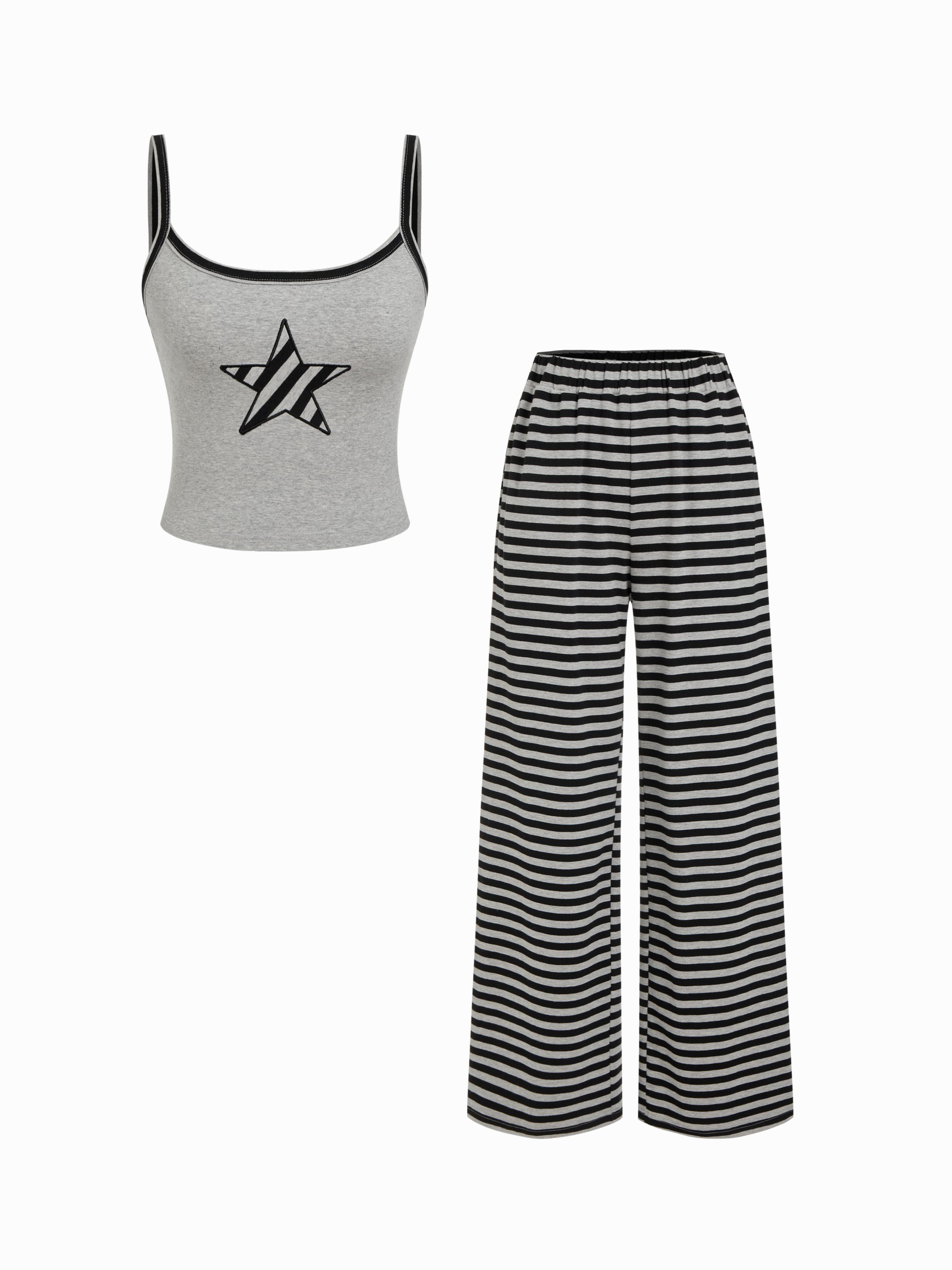 Cotton-blend Star Graphic Cami Crop Top & Mid rise Striped Straight Leg Trousers Matching Set by CIDER