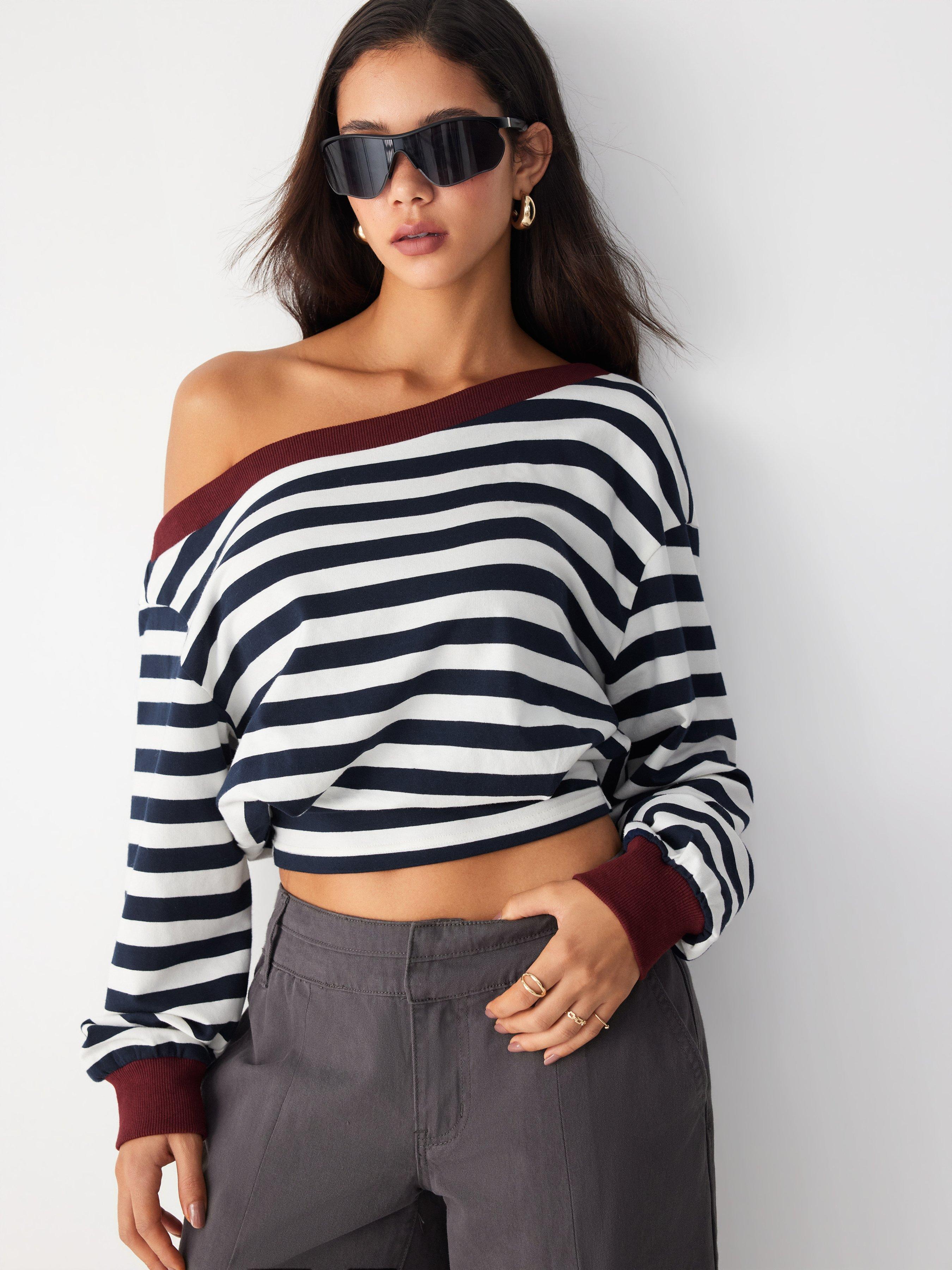 Cotton-blend Stripe Asymmetrical Neckline Contrasting Binding Sweatshirt by CIDER