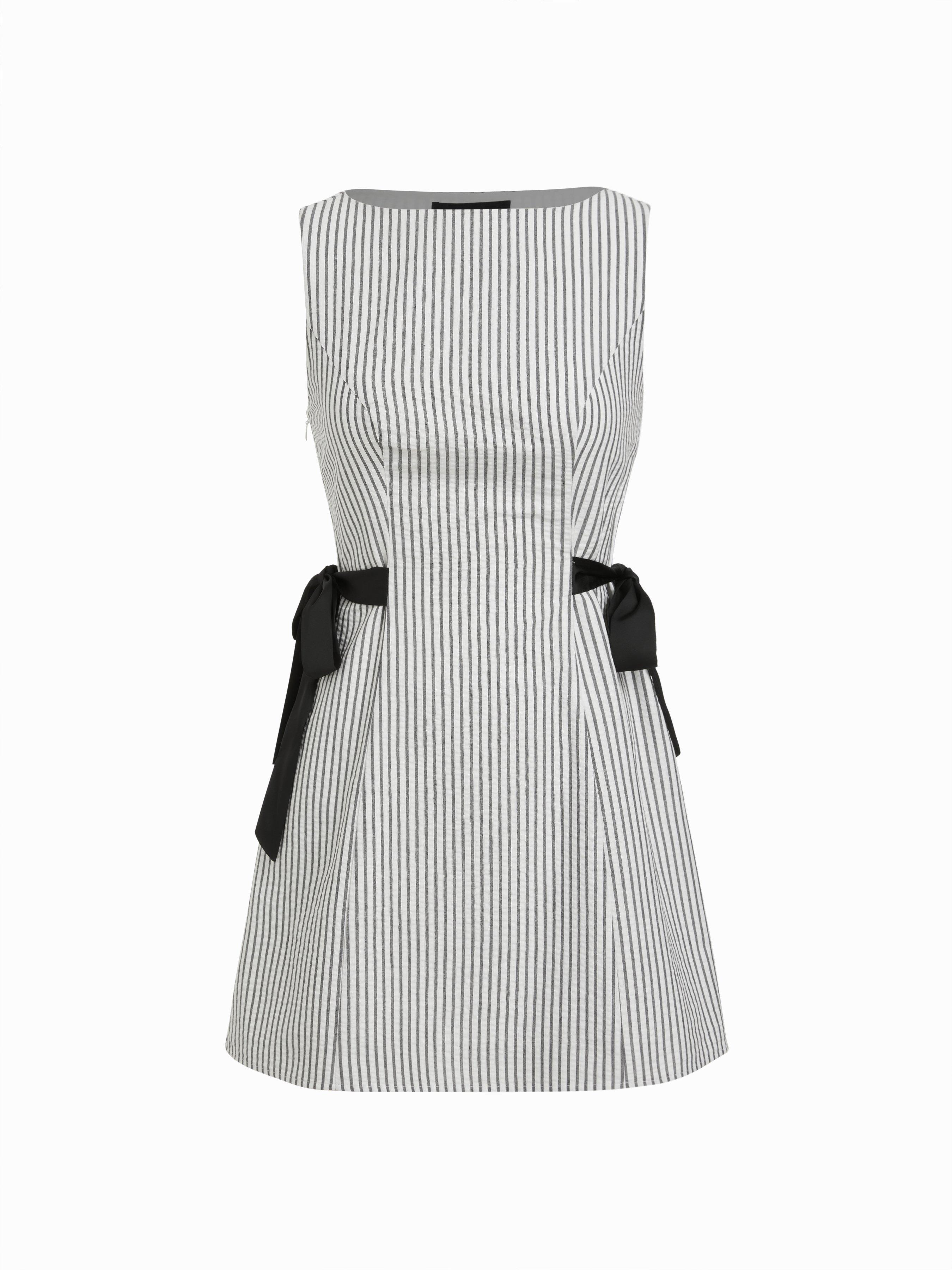 Cotton-blend Stripe Boat Neck Bowknot A-line Mini Dress by CIDER