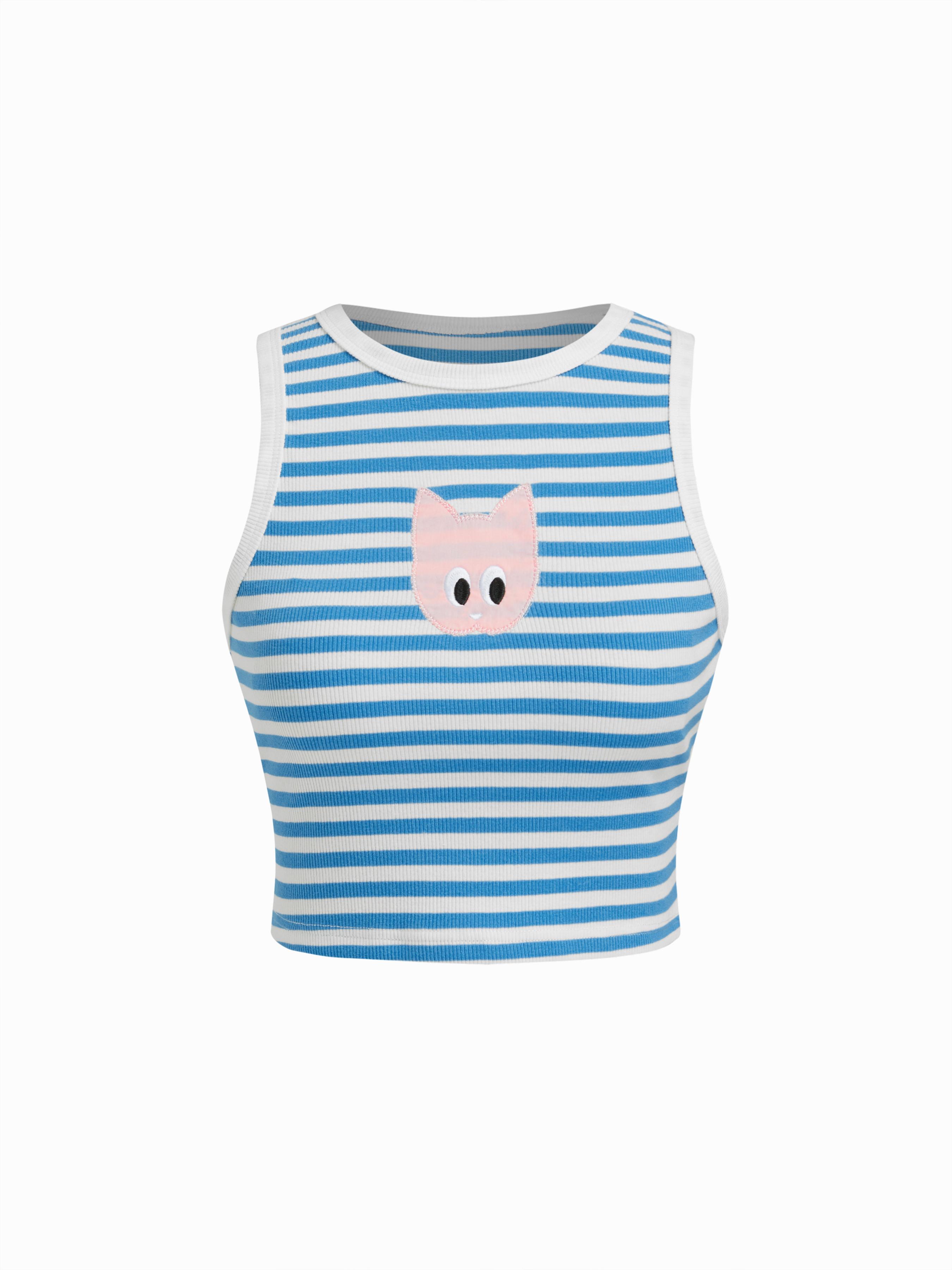 Cotton-blend Stripe Cat Graphic Round Neckline Crop Tank Top by CIDER