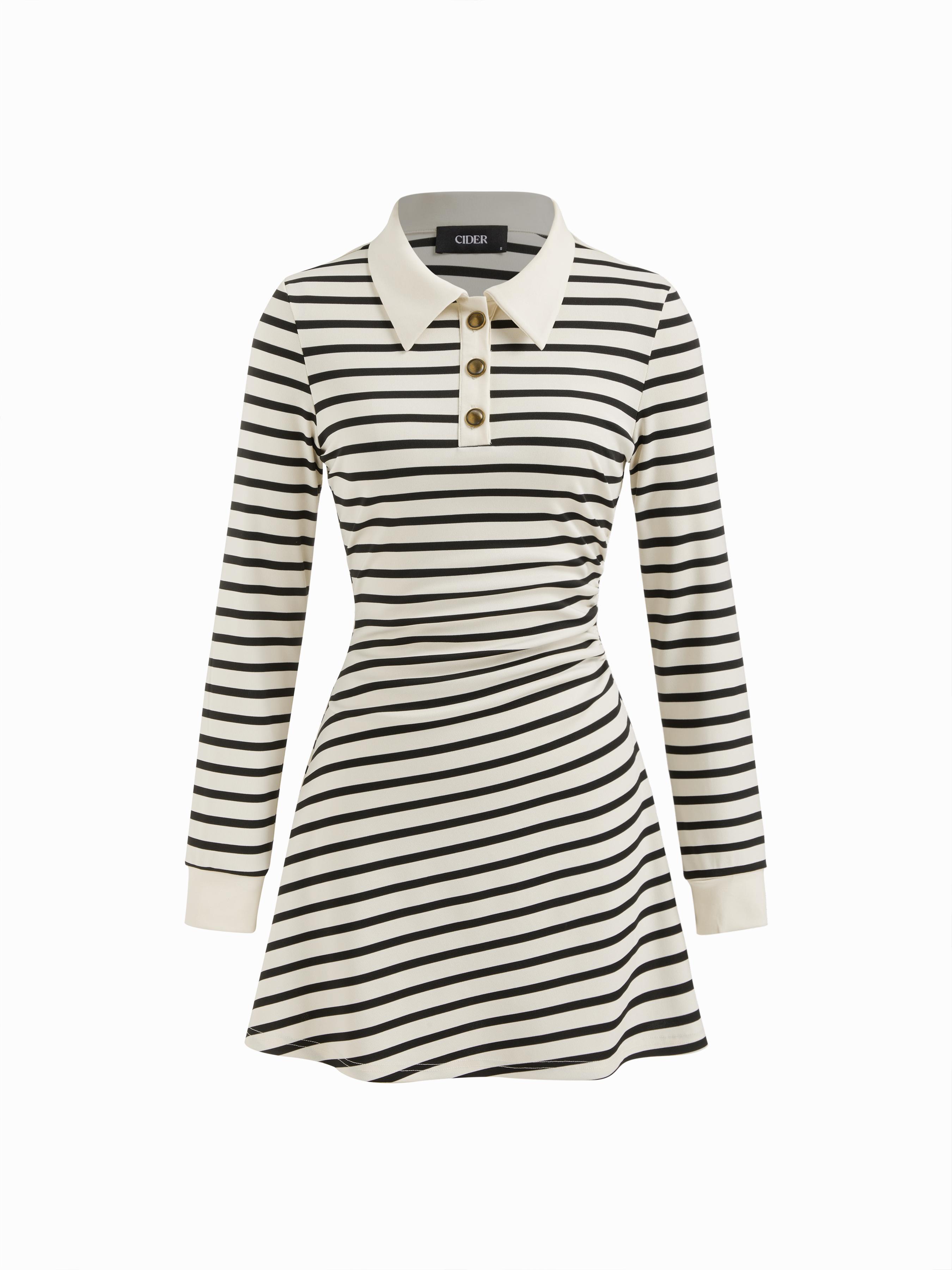 Cotton-blend Stripe Collar Long Sleeve Mini Dress by CIDER