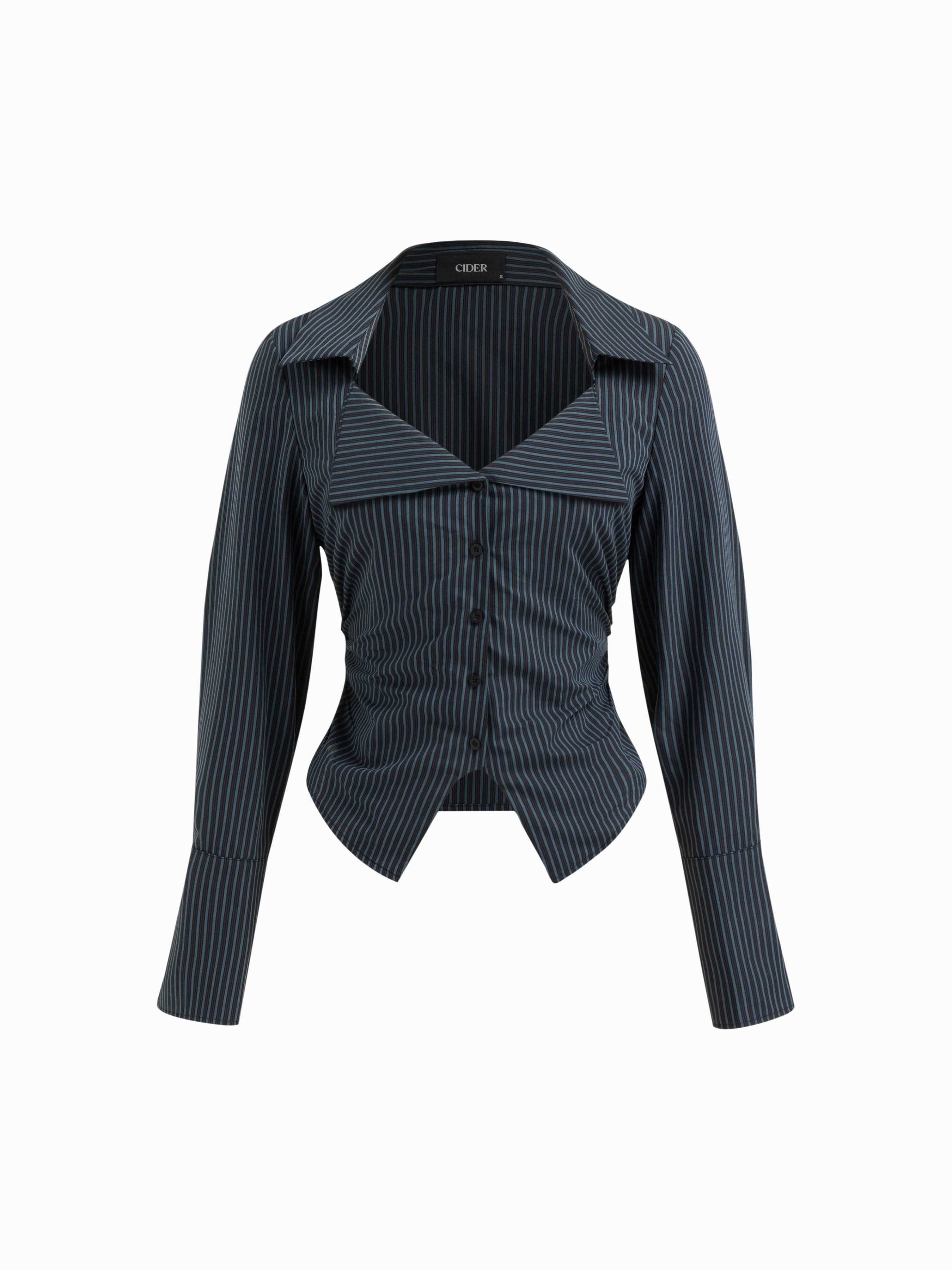 Cotton-blend Stripe Collar Long Sleeve Ruched Asymmetrical Hem Belted Shirt by CIDER