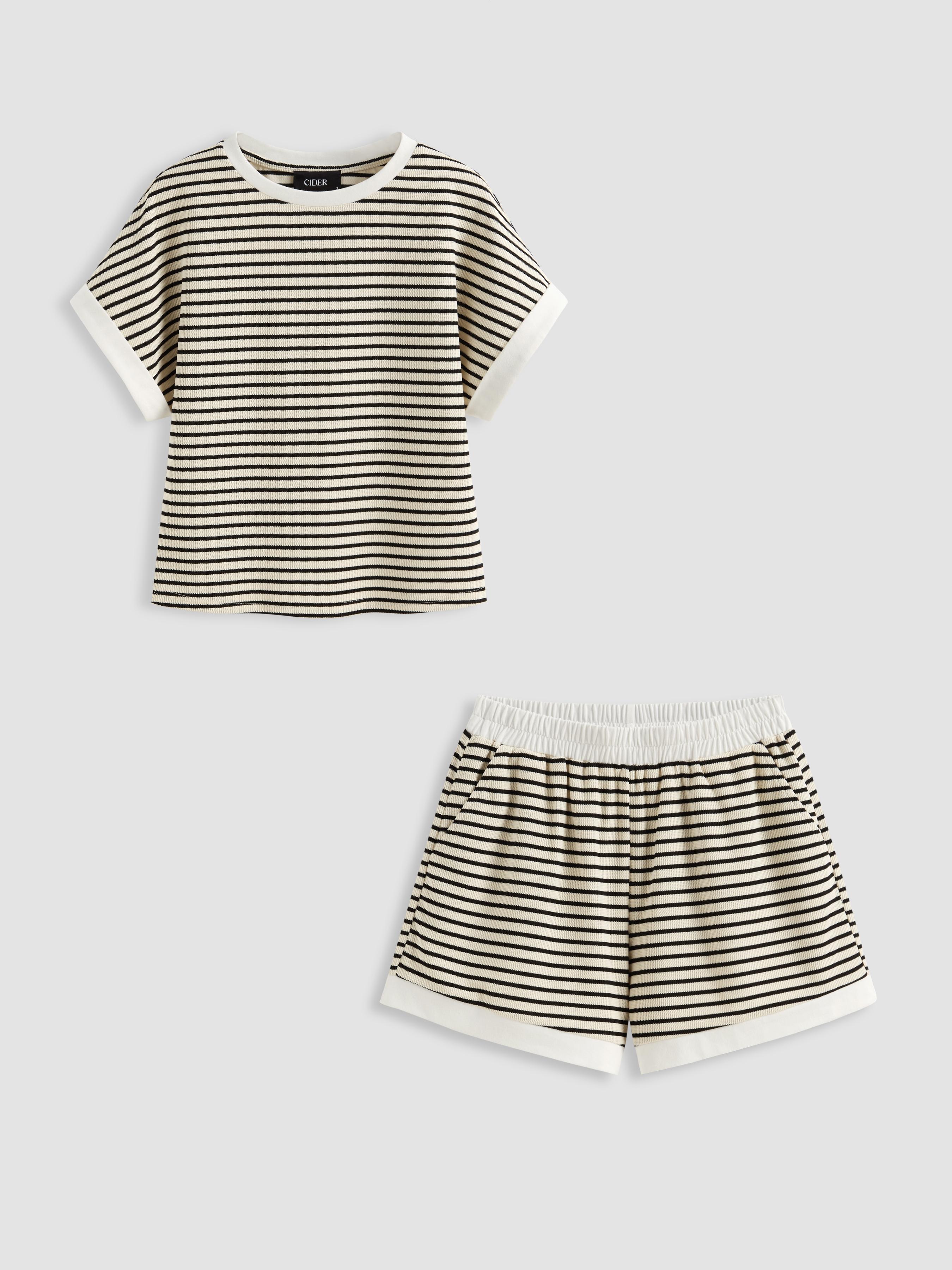 Cotton-blend Stripe Contrasting Binding Tee & Elastic Waist Shorts Set by CIDER