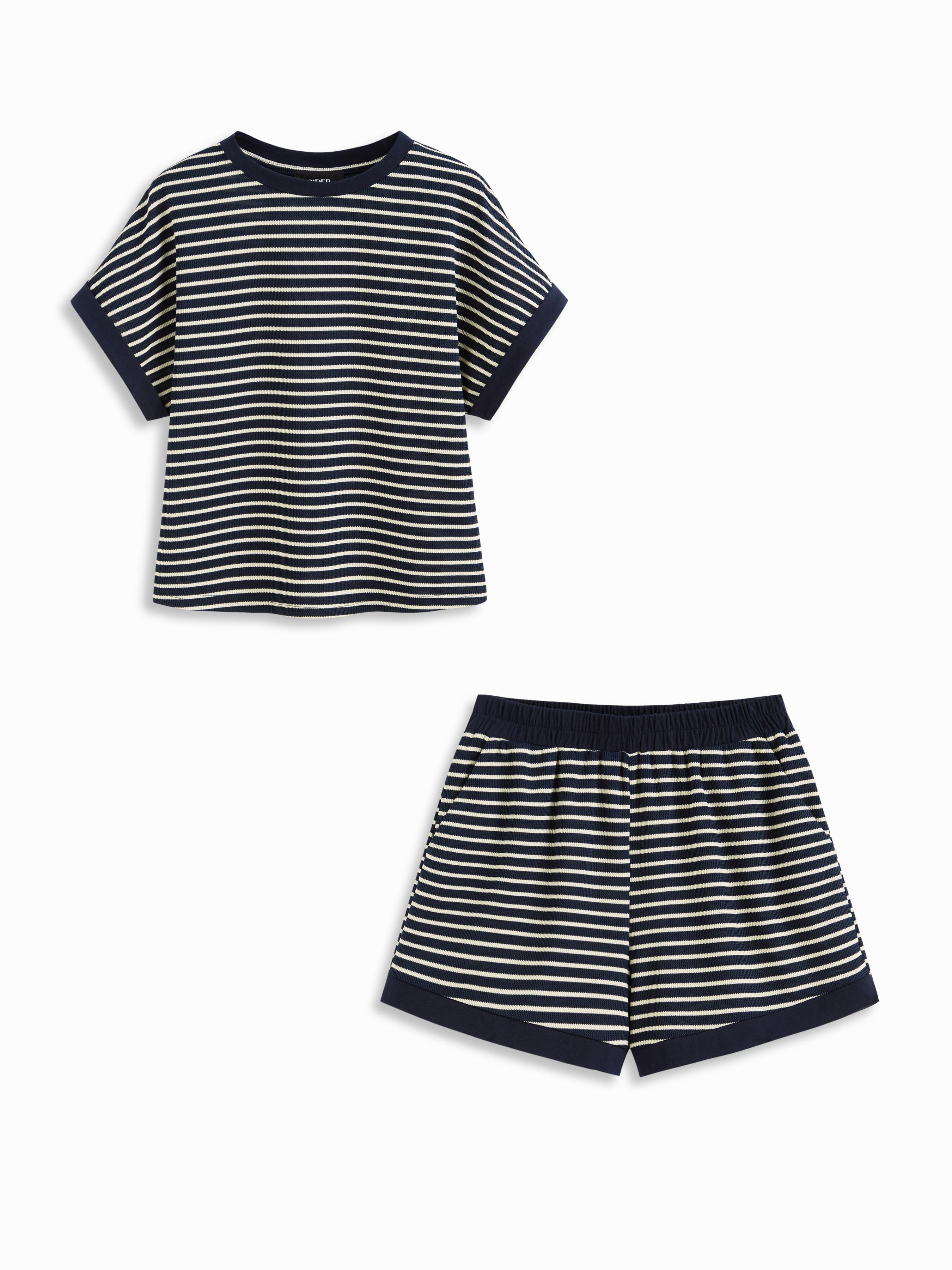 Cotton-blend Stripe Contrasting Binding Tee & Elastic Waist Shorts Set by CIDER