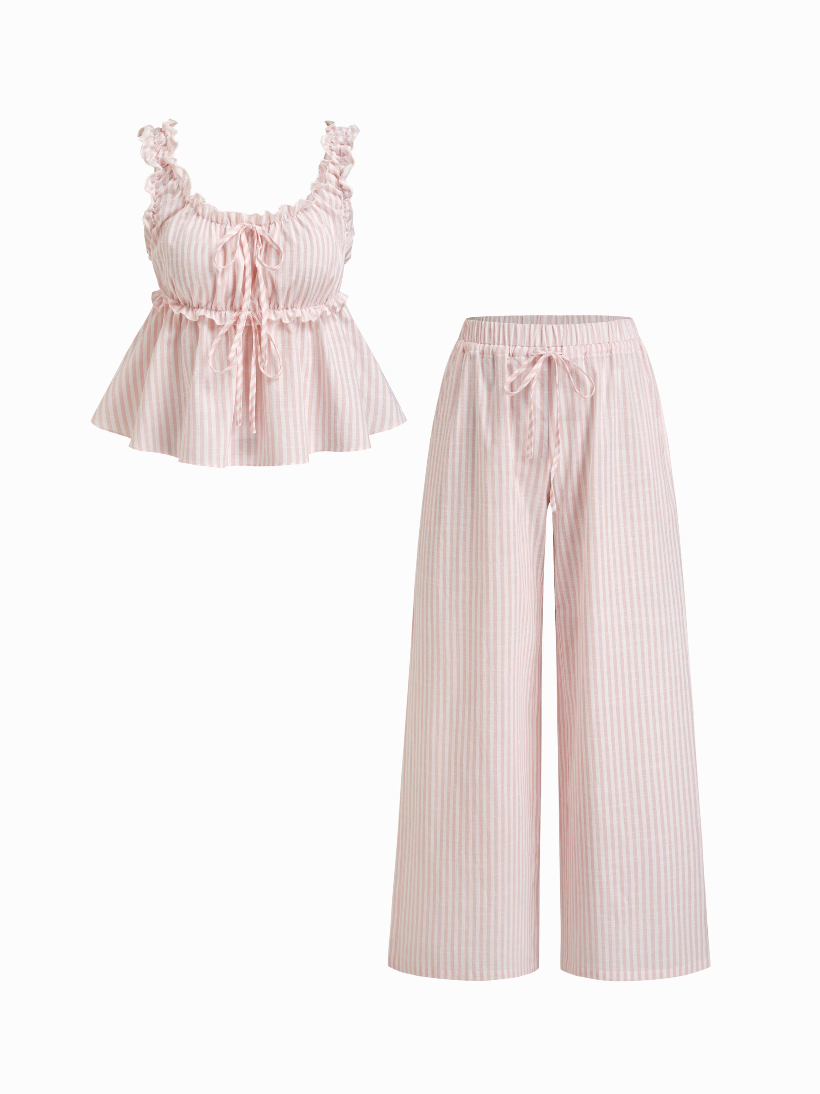 Cotton-blend Stripe Drawstring Ruffle Hem Tank Top & Low Rise Drawstring Trousers Loungewear Set by CIDER