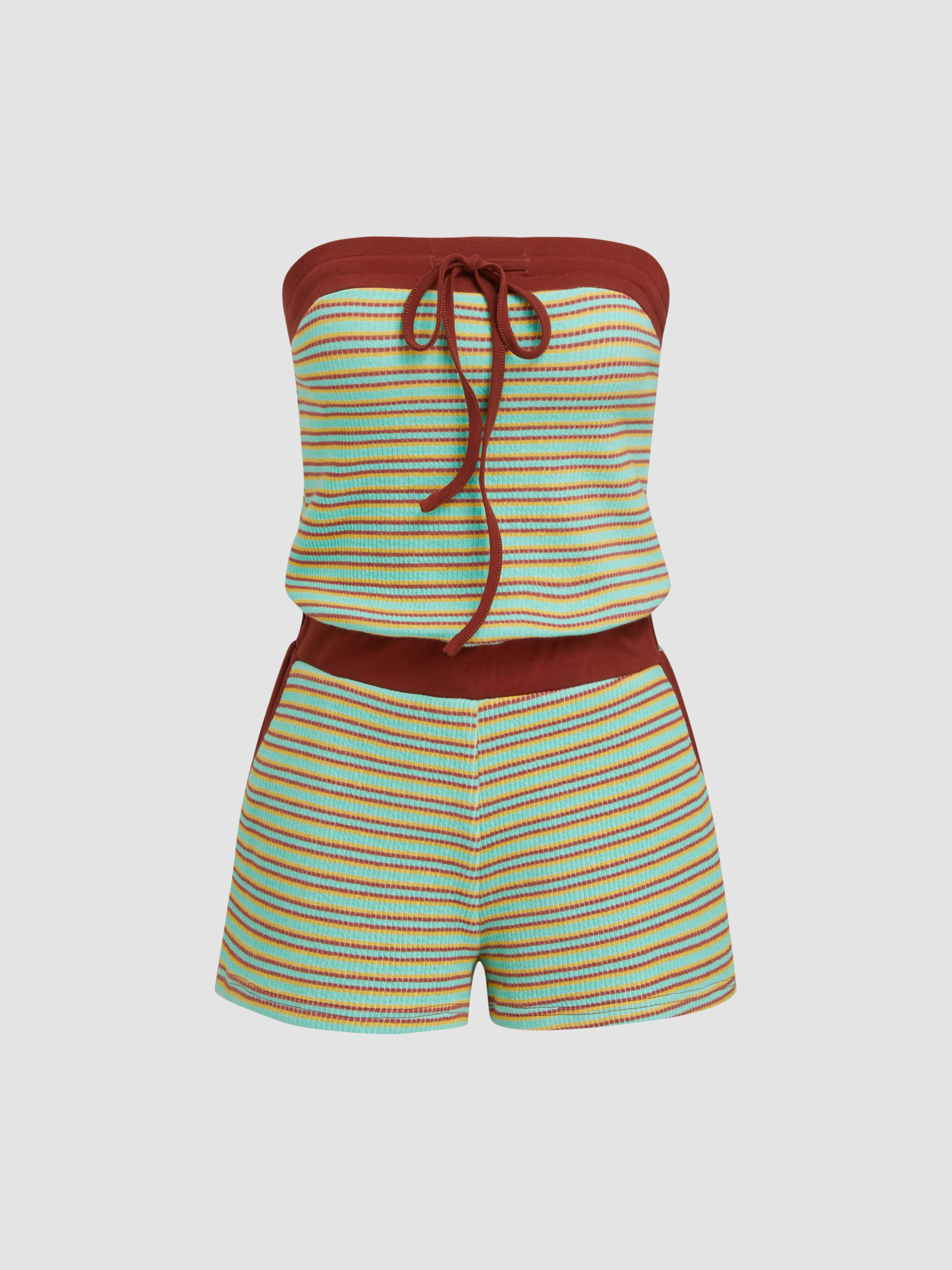 Cotton-blend Stripe Knotted Contrasting Binding Bandeau Romper by CIDER