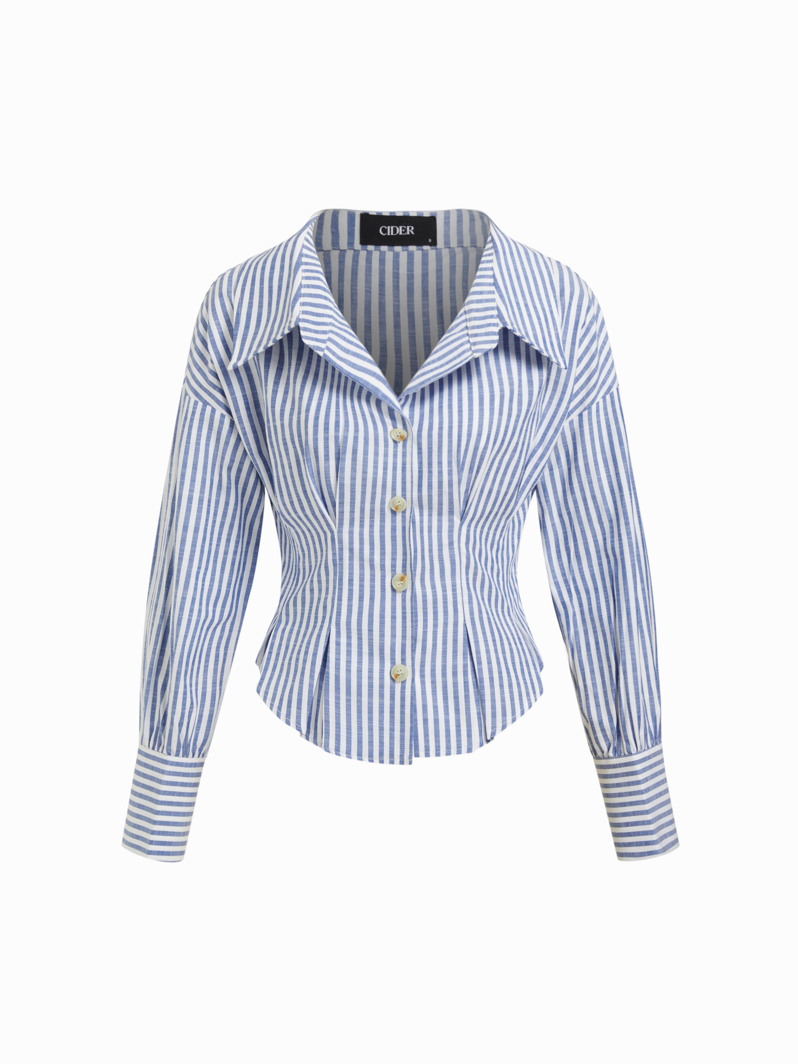 Cotton-blend Stripe Long Sleeve Pleated Blouse by CIDER