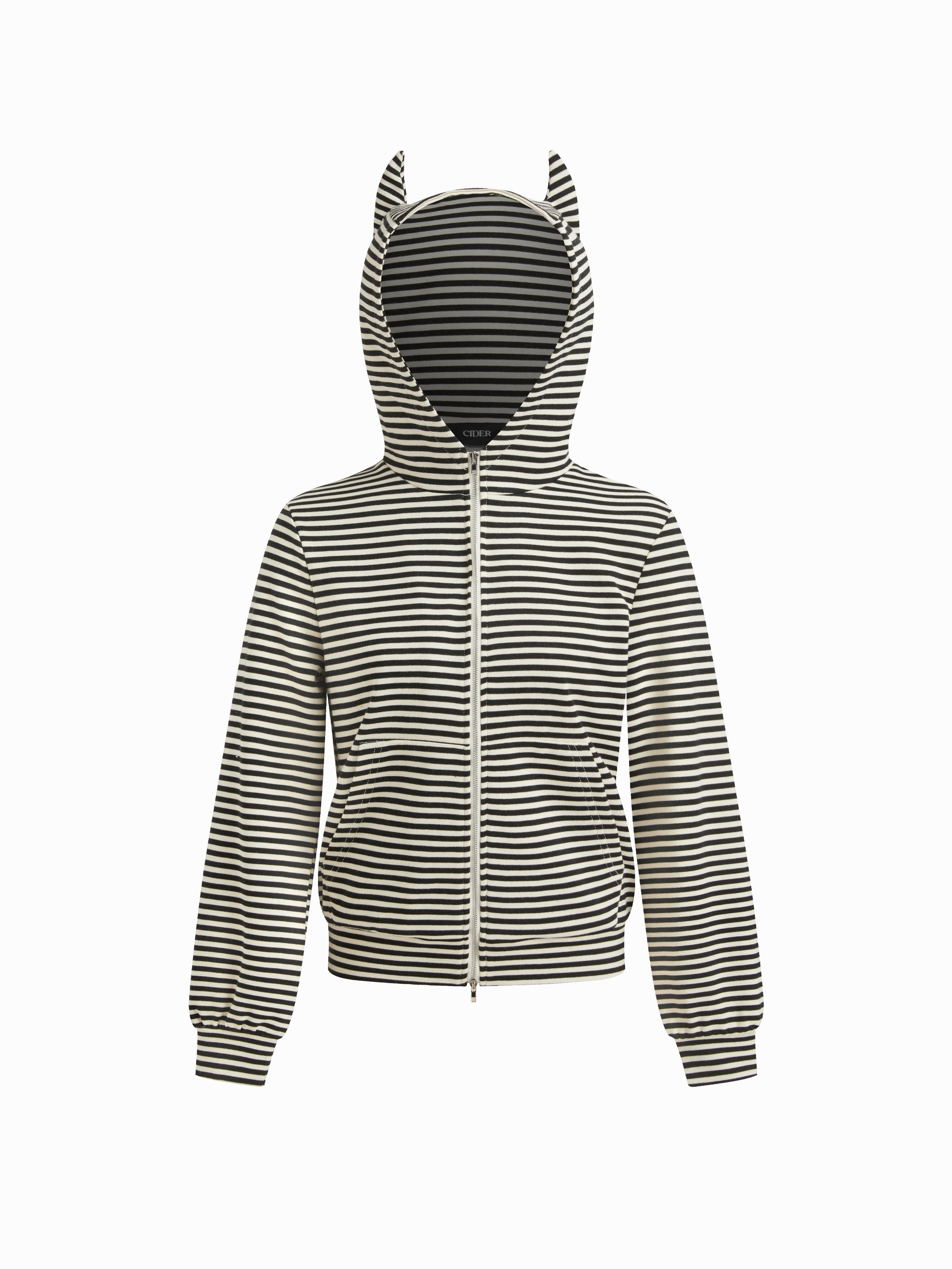 Cotton-blend Stripe Long Sleeve Zip Through Hoodie by CIDER