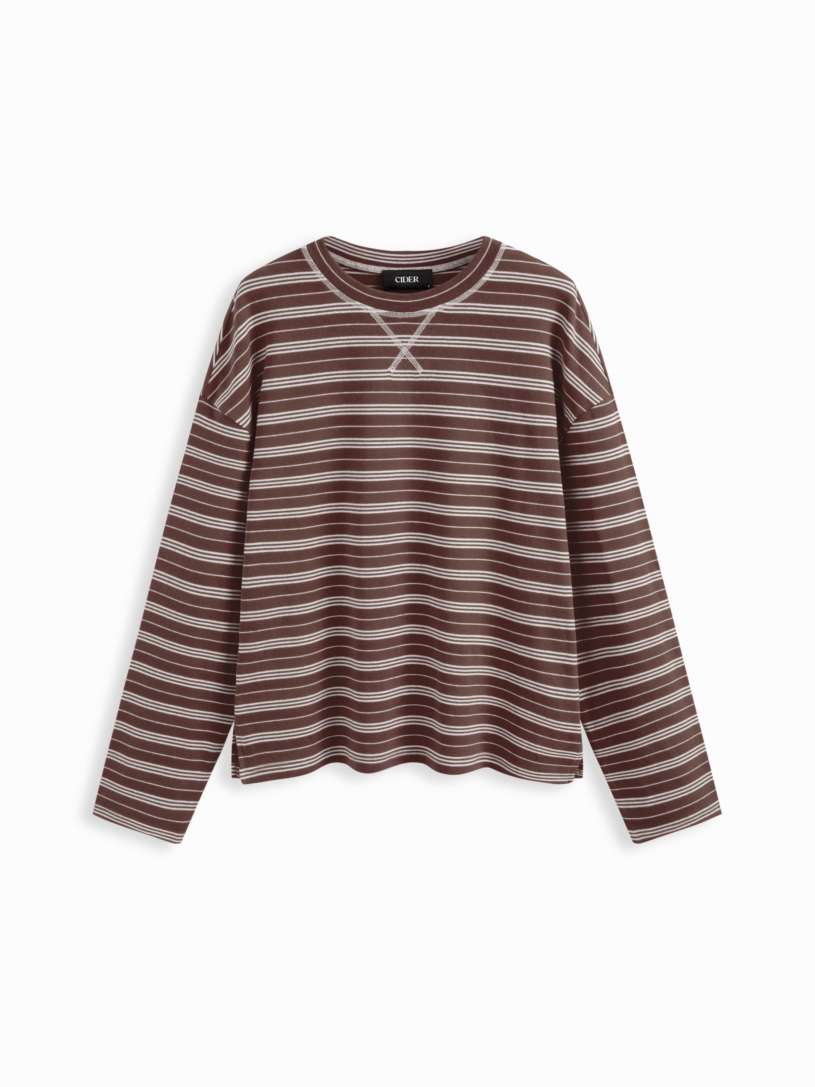 Cotton-blend Stripe Round Neckline Long Sleeve Tee by CIDER