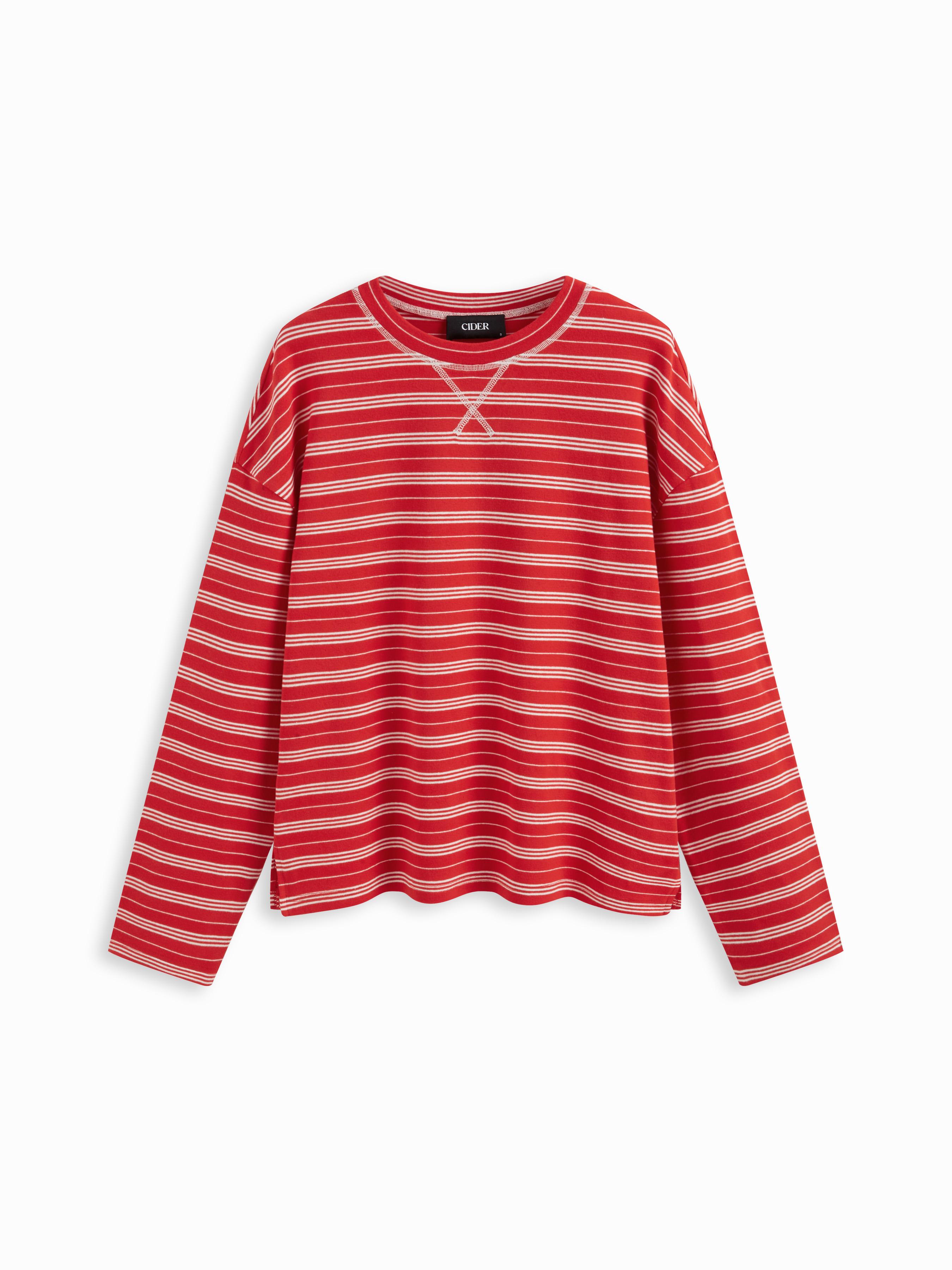 Cotton-blend Stripe Round Neckline Long Sleeve Tee by CIDER