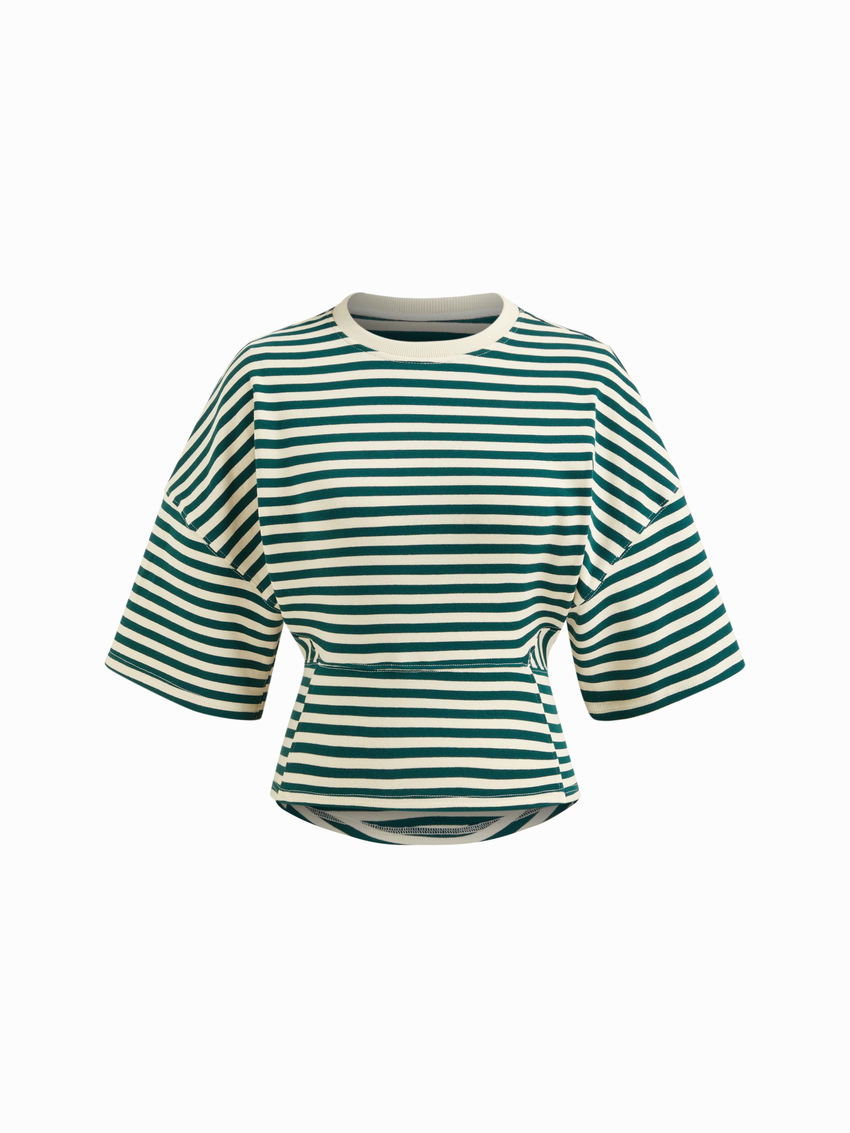 Cotton-blend Stripe Round Neckline Mid-length Sleeve Cinched Waist Tee by CIDER
