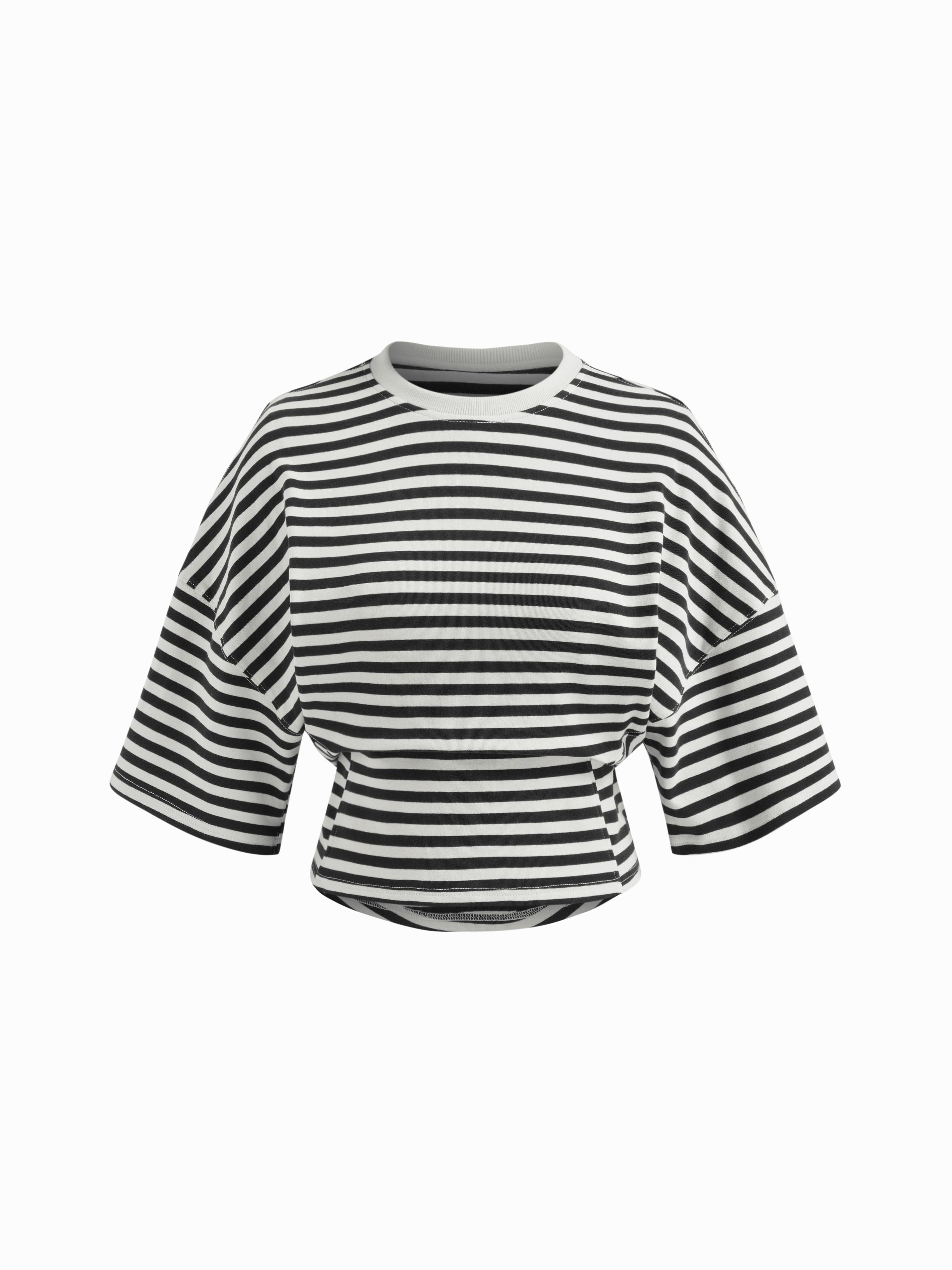 Cotton-blend Stripe Round Neckline Mid-length Sleeve Cinched Waist Tee by CIDER