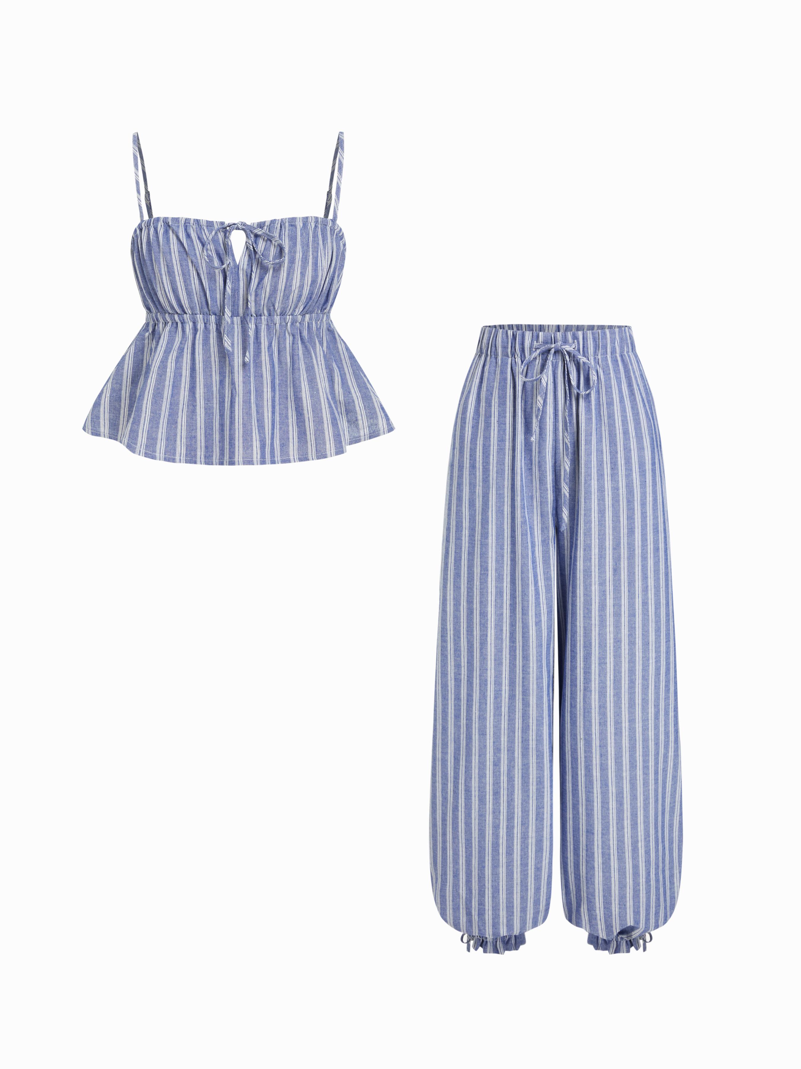 Cotton-blend Stripe Square Neck Peplum Top & Mid Rise Jogger Pants Set by CIDER
