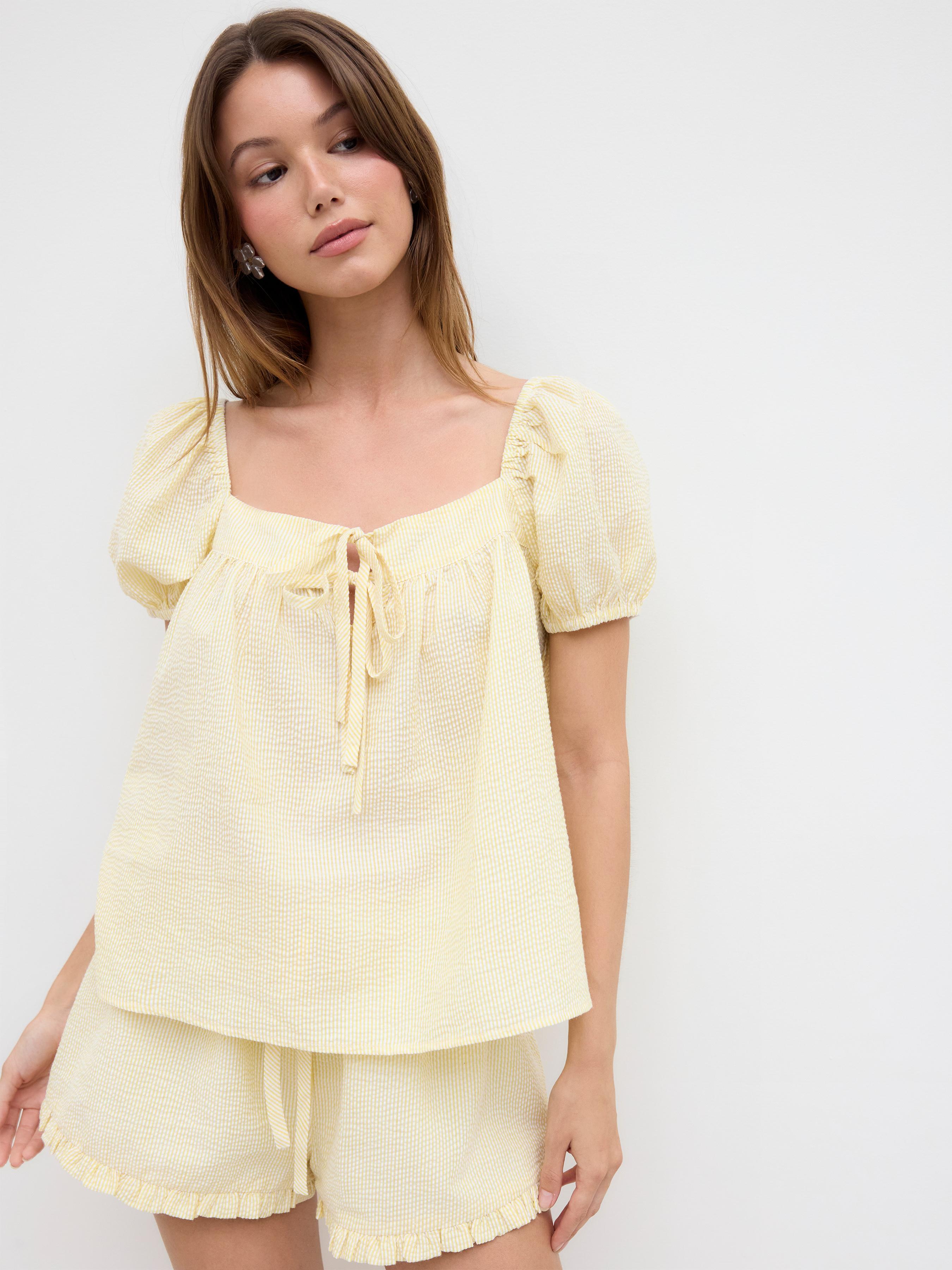 Cotton-blend Stripe Tie Front Oversized Top &  High Rise Lettuce Trim Shorts Set by CIDER