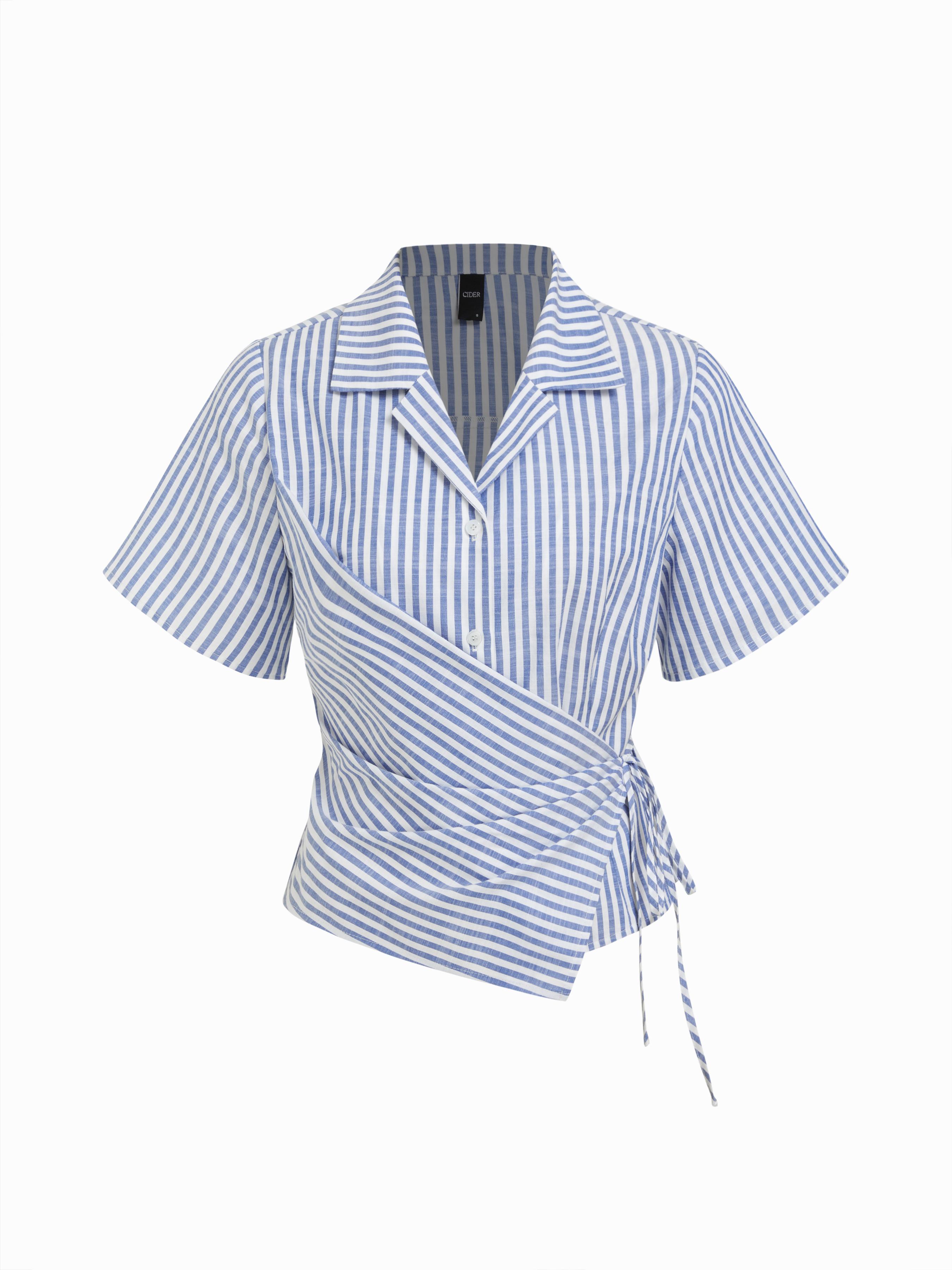 Cotton-blend Stripe Wrap Short Sleeve Blouse by CIDER