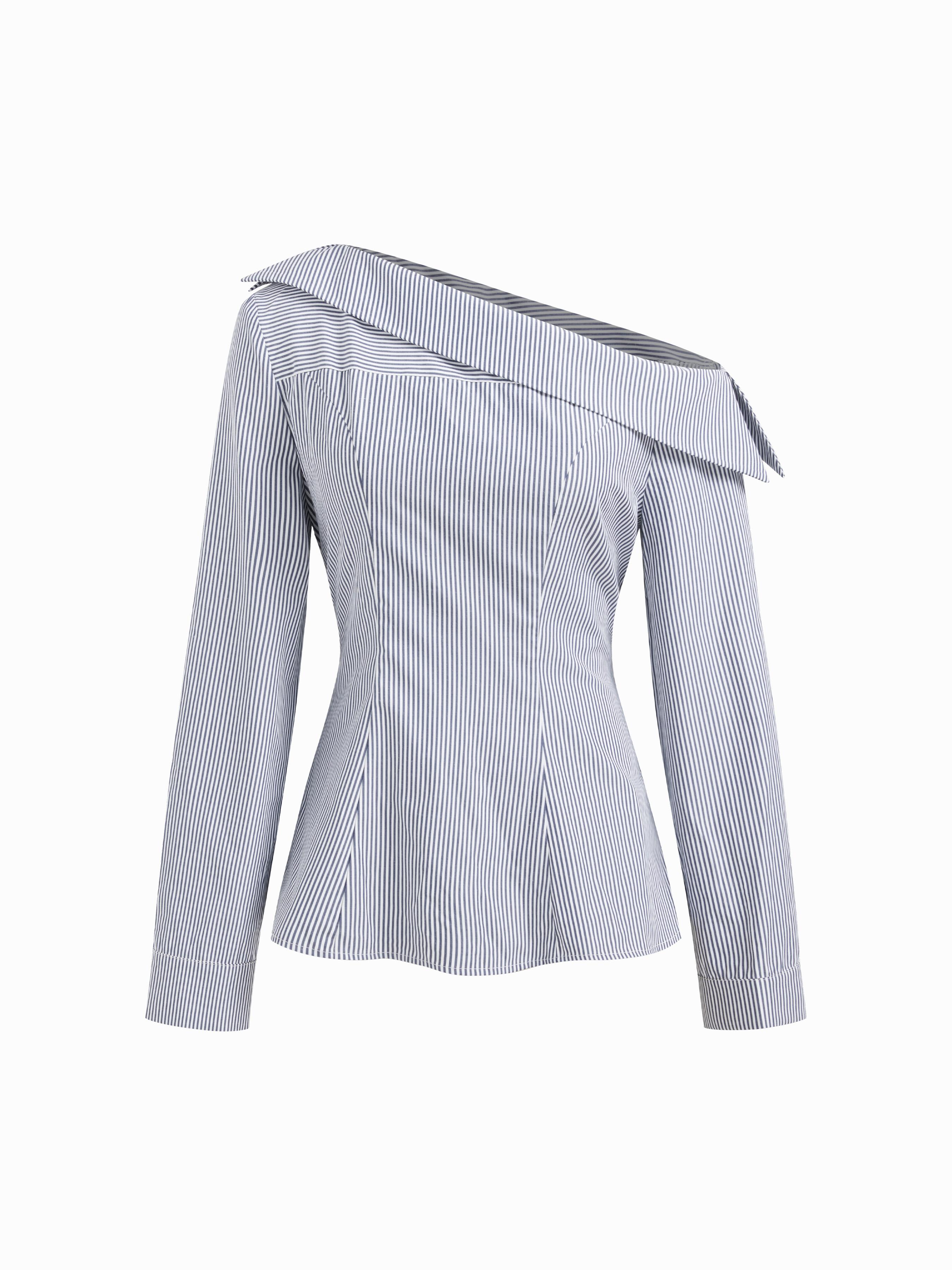 Cotton-blend Striped Asymmetrical Neck Long Sleeve Cinched Waist Blouse by CIDER