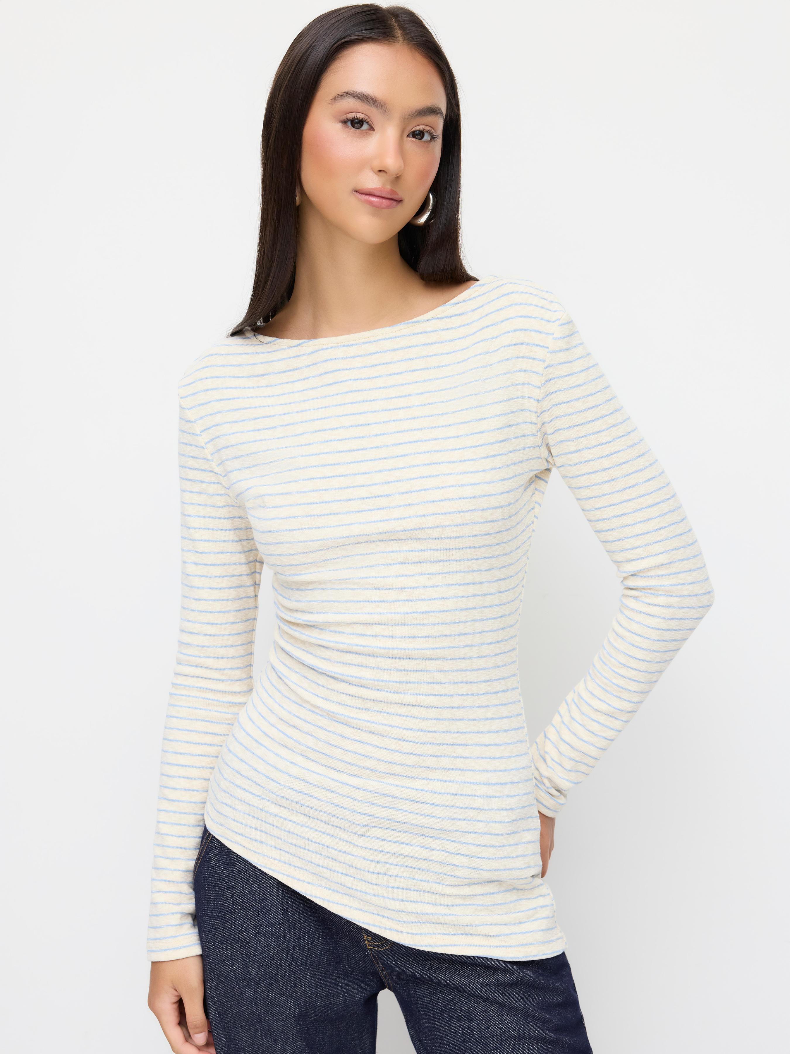 Cotton-blend Striped Boat Neck Long Sleeve Ruched Asymmetrical Hem Top by CIDER