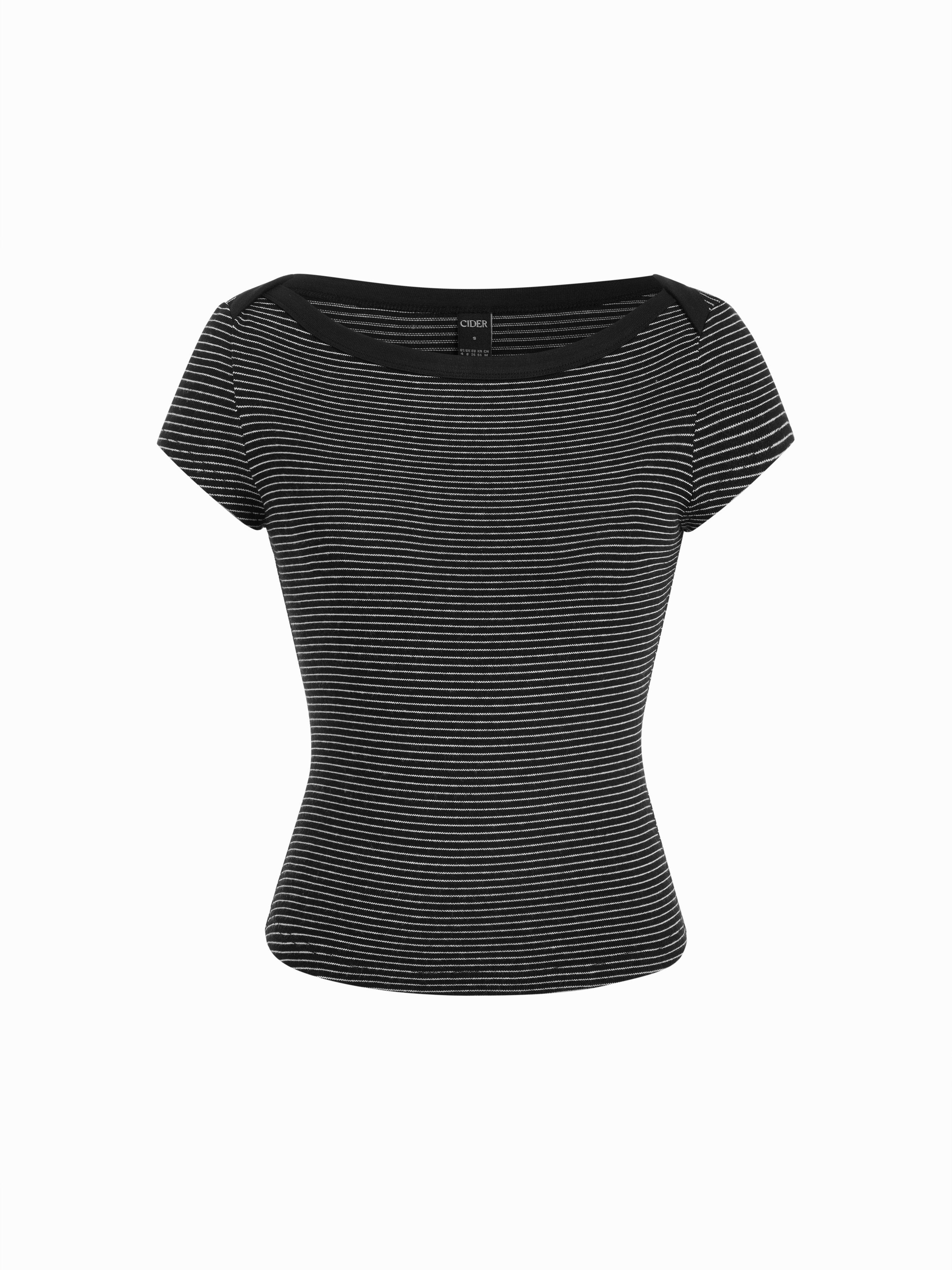 Cotton-blend Striped Boat Neck Short Sleeve Tee by CIDER