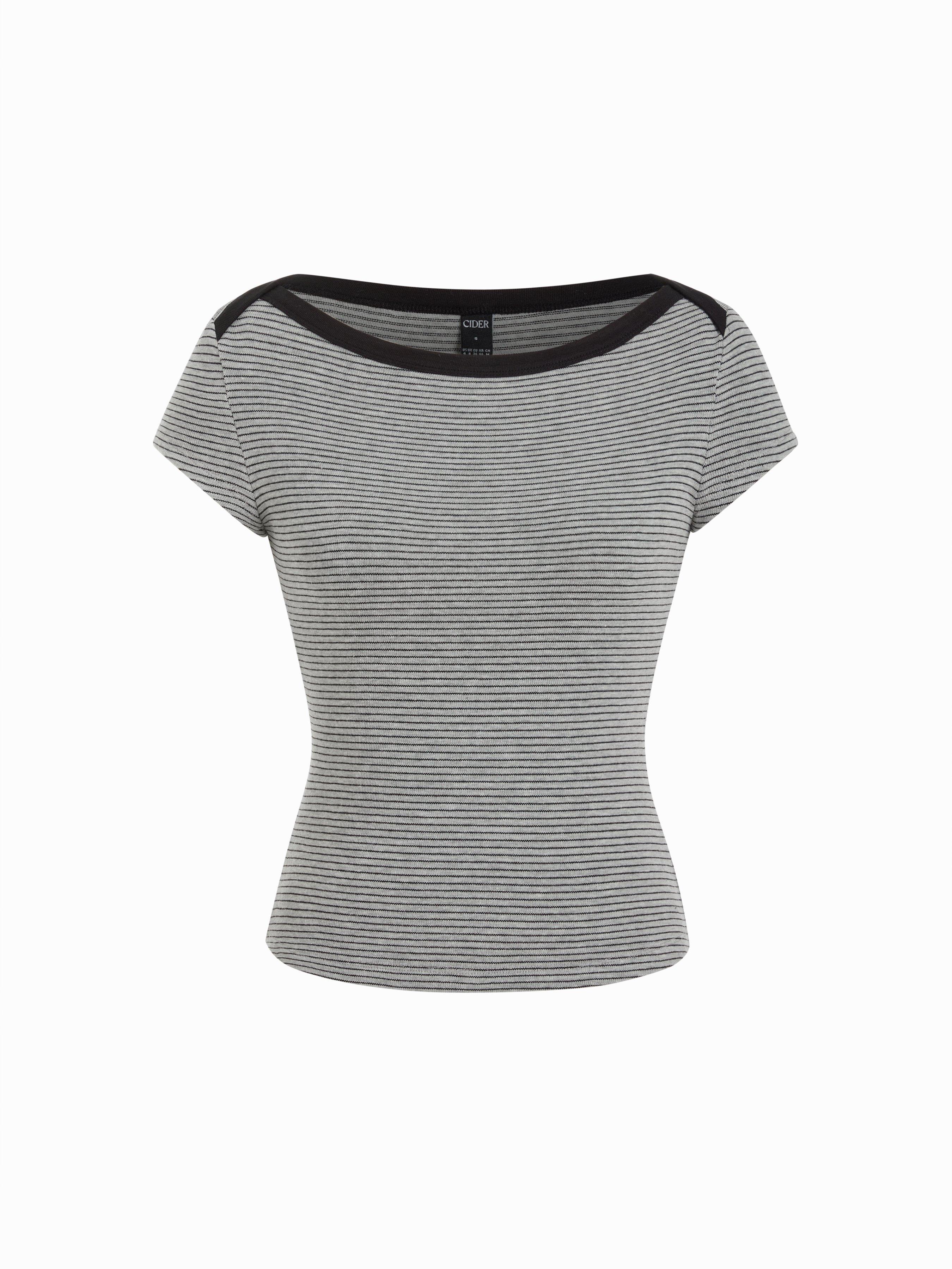 Cotton-blend Striped Boat Neck Short Sleeve Tee by CIDER