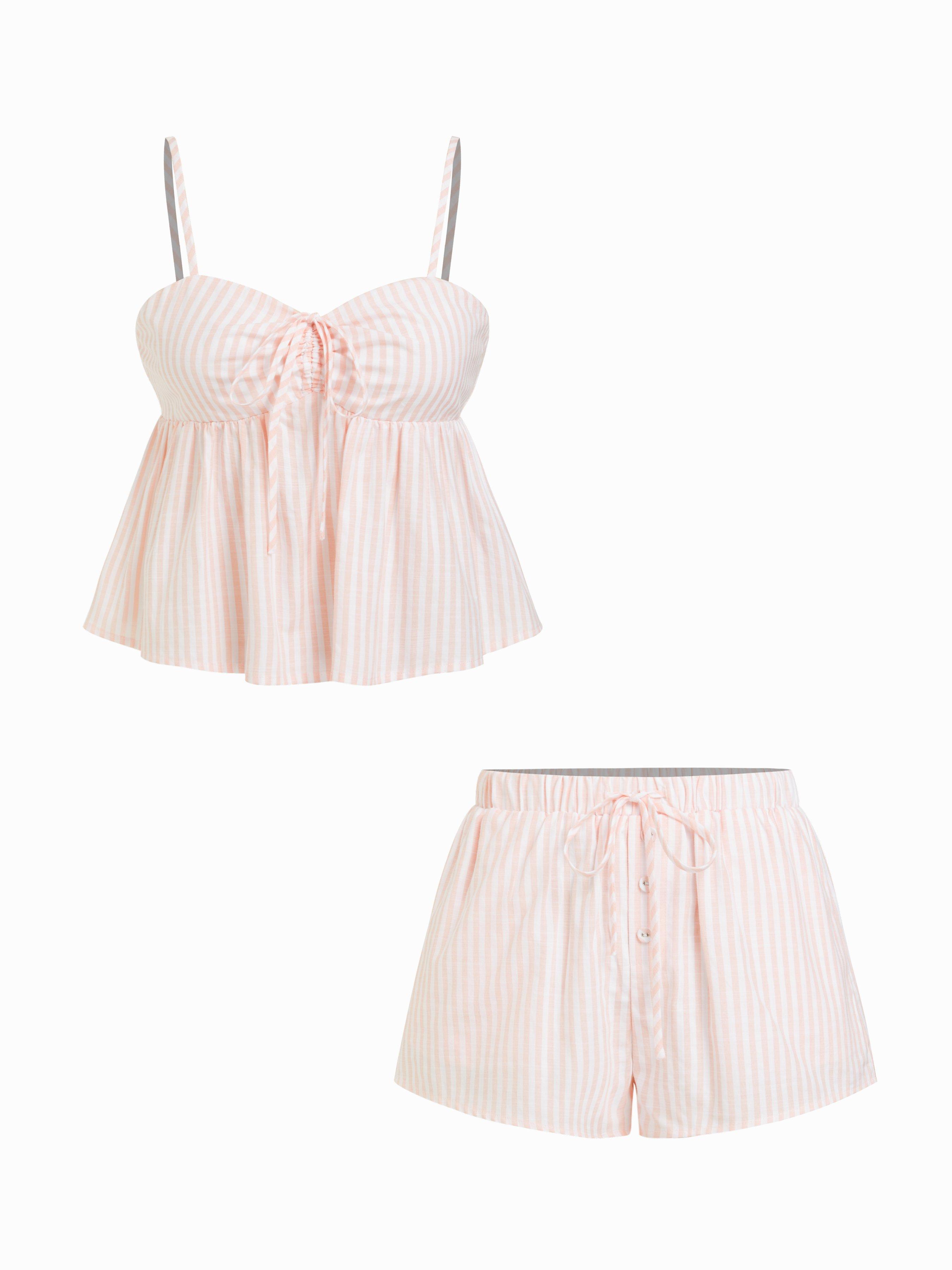 Cotton-blend Striped Bowknot Cami Top & Mid Rise Striped Shorts Set by CIDER