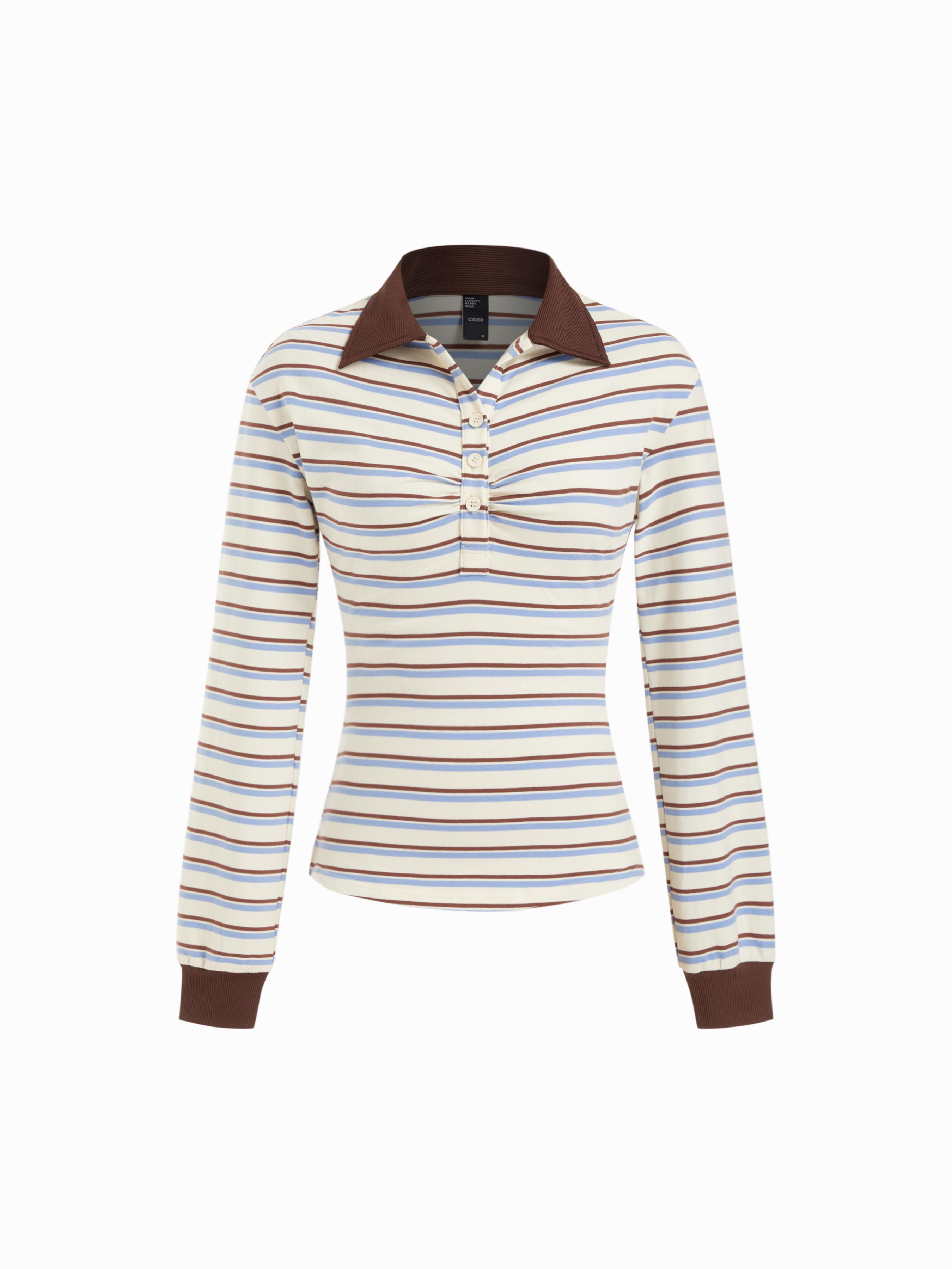 Cotton-blend Striped Button Long Sleeve Ruched Tee by CIDER