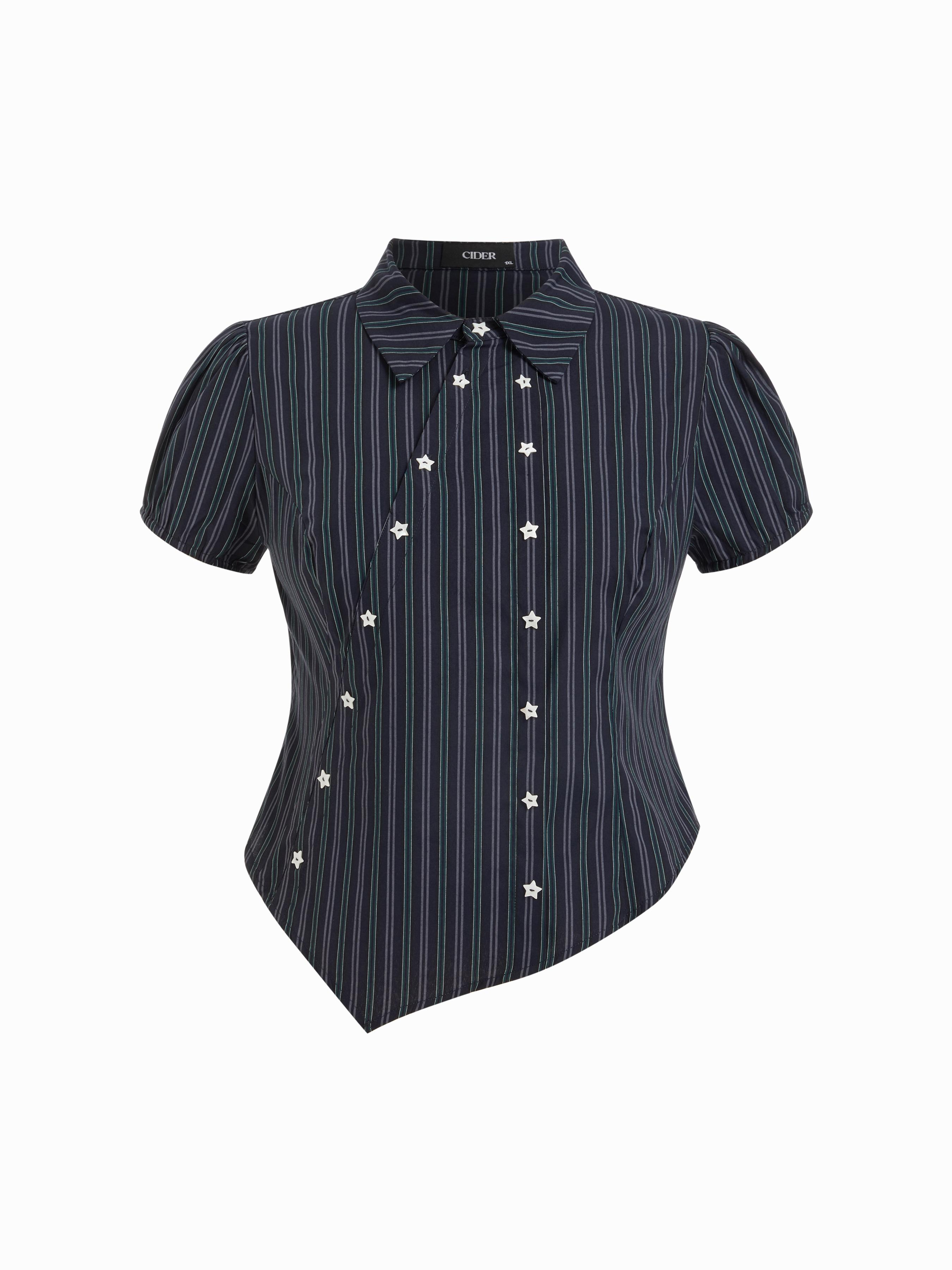 Cotton-blend Striped Collar Asymmetrical Hem Star Button Blouse Curve & Plus by CIDER