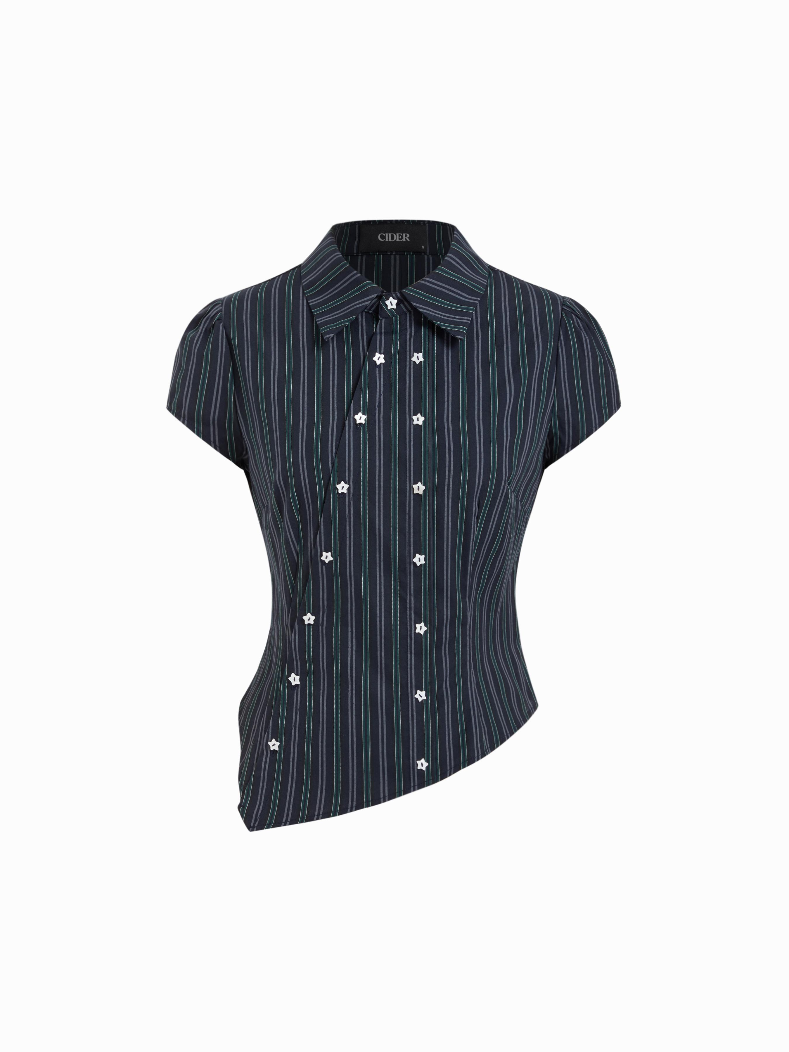 Cotton-blend Striped Collar Asymmetrical Hem Star Button Blouse by CIDER