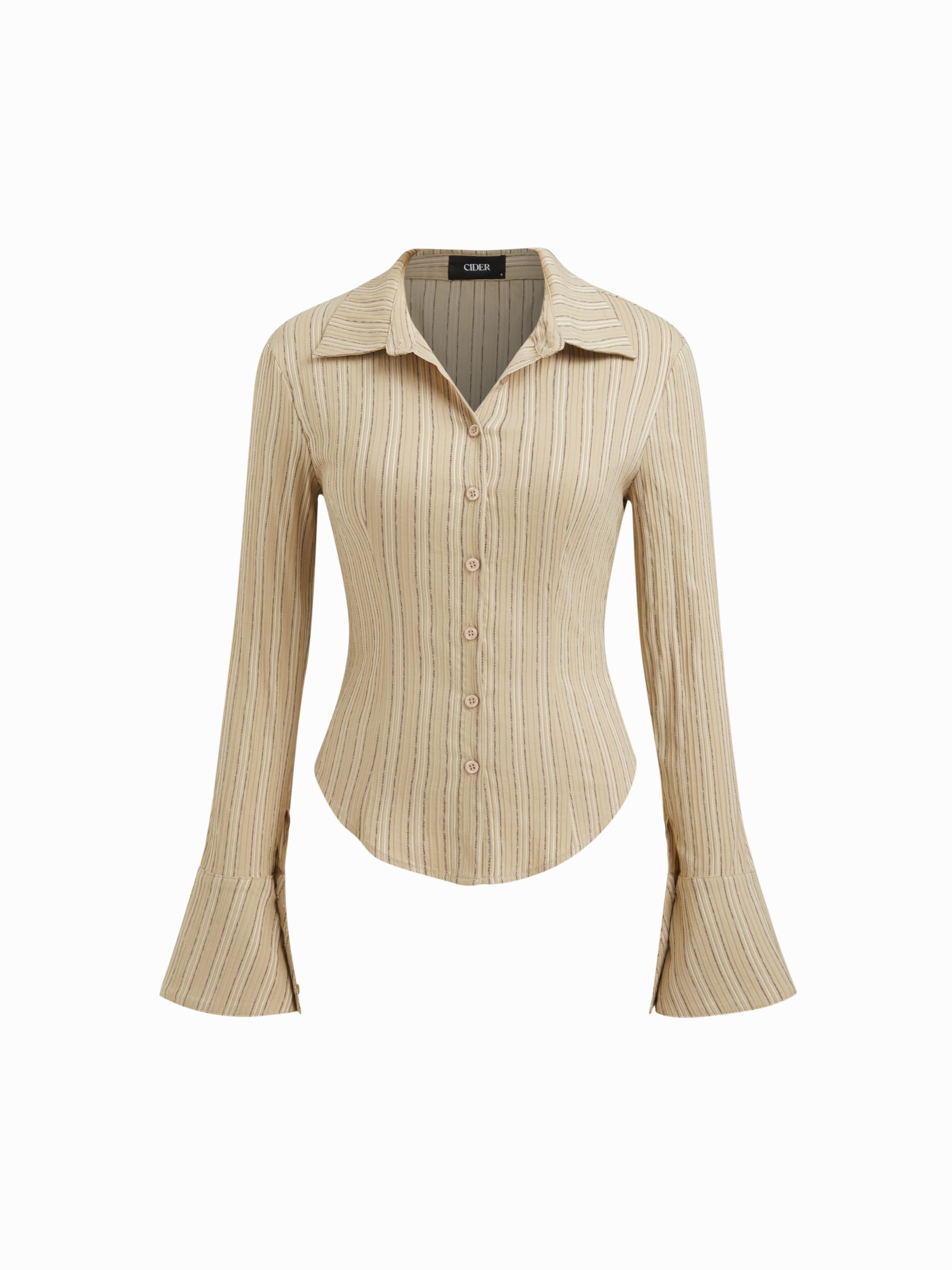 Cotton-blend Striped Collar Bell Sleeve Curved Hem Button Shirt by CIDER