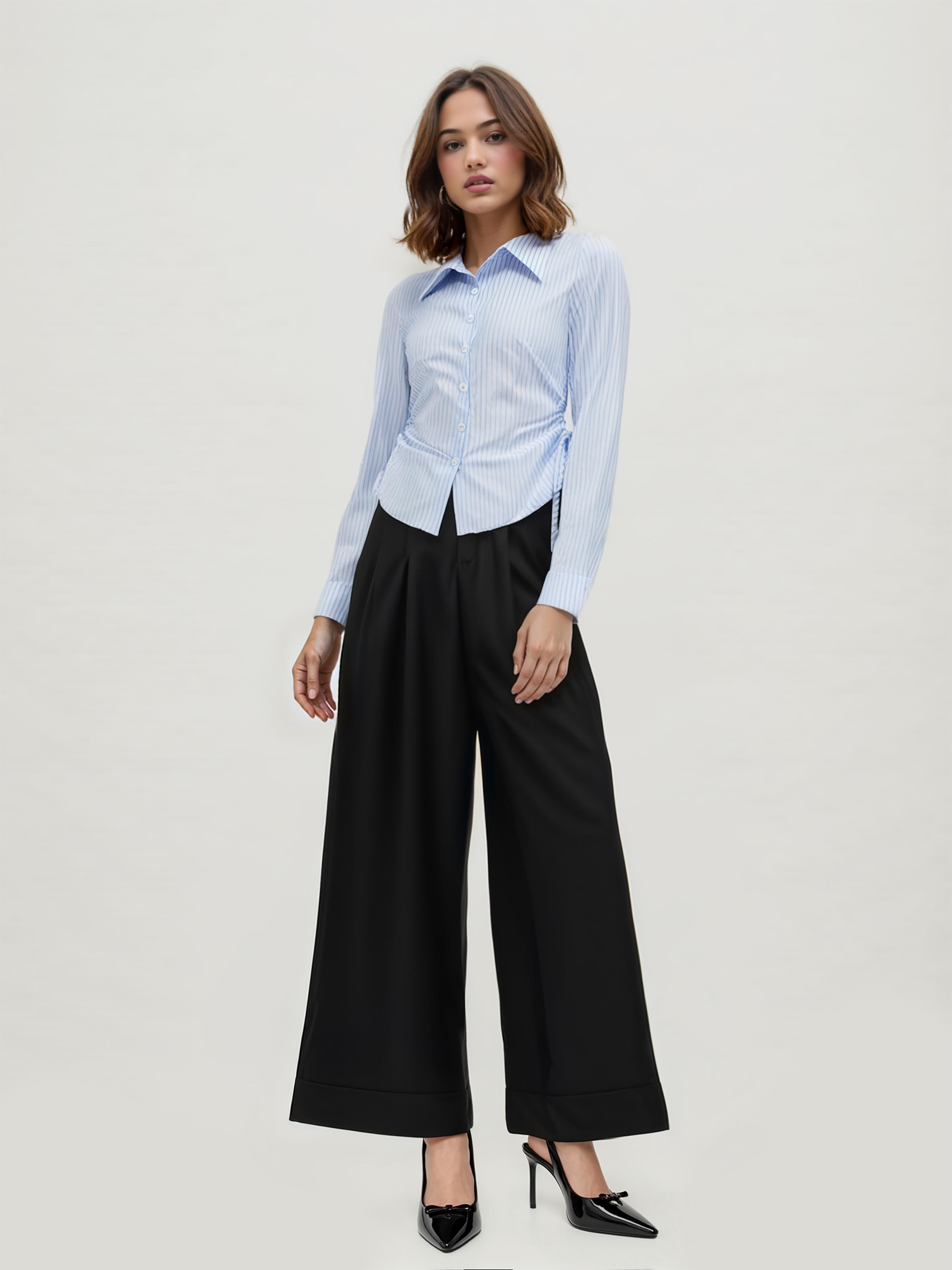 Cotton-blend Striped Collar Long Sleeve Drawstring Side Shirt by CIDER