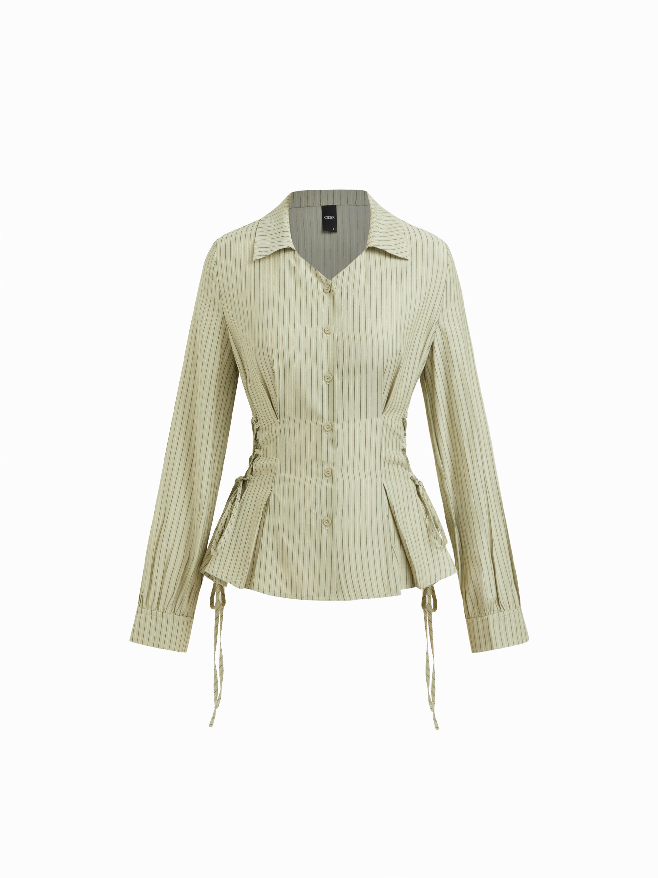 Cotton-blend Striped Collar Long Sleeve Lace Up Cinched Waist Shirt by CIDER