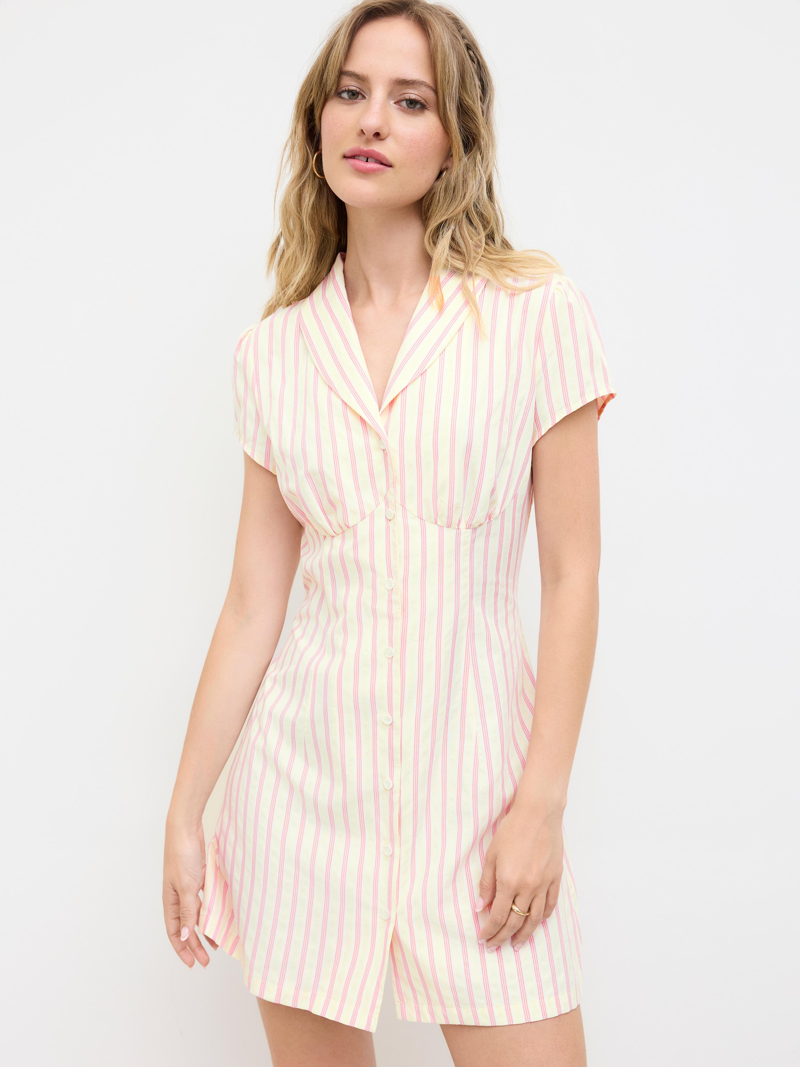 Cotton-blend Striped Collar V-neck Short Sleeve Mini Dress by CIDER