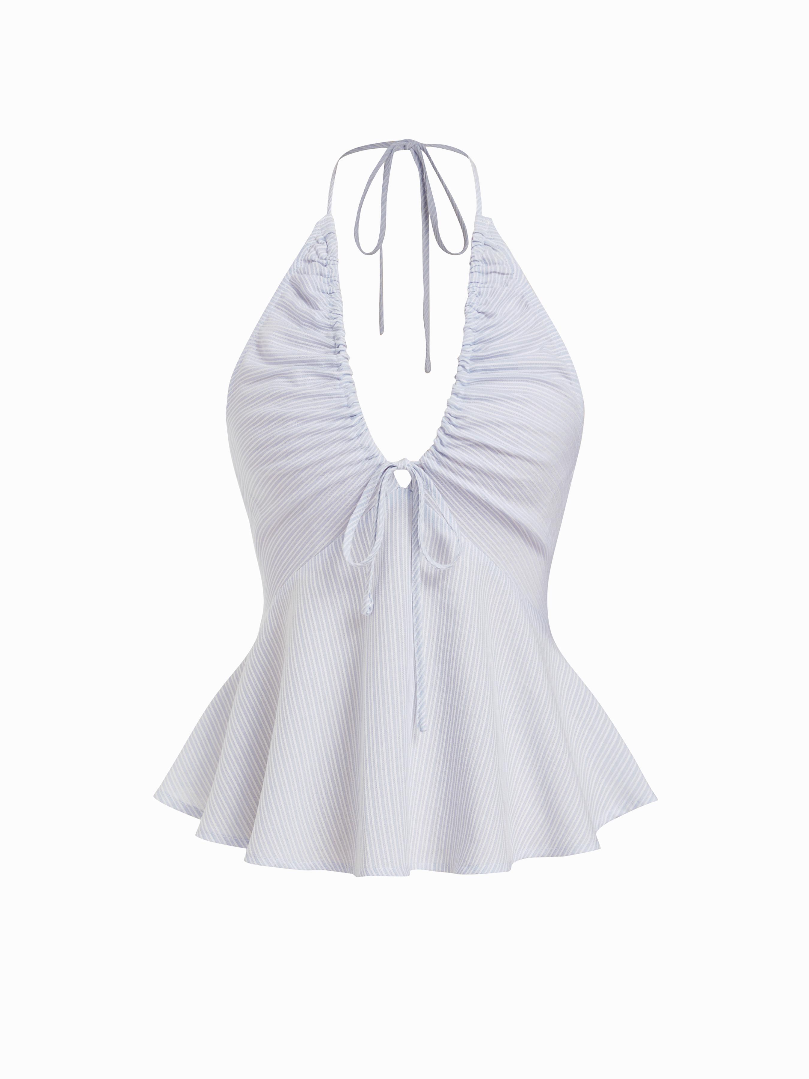 Cotton-blend Striped Halter Neckline Drawstring Peplum Hem Top by CIDER