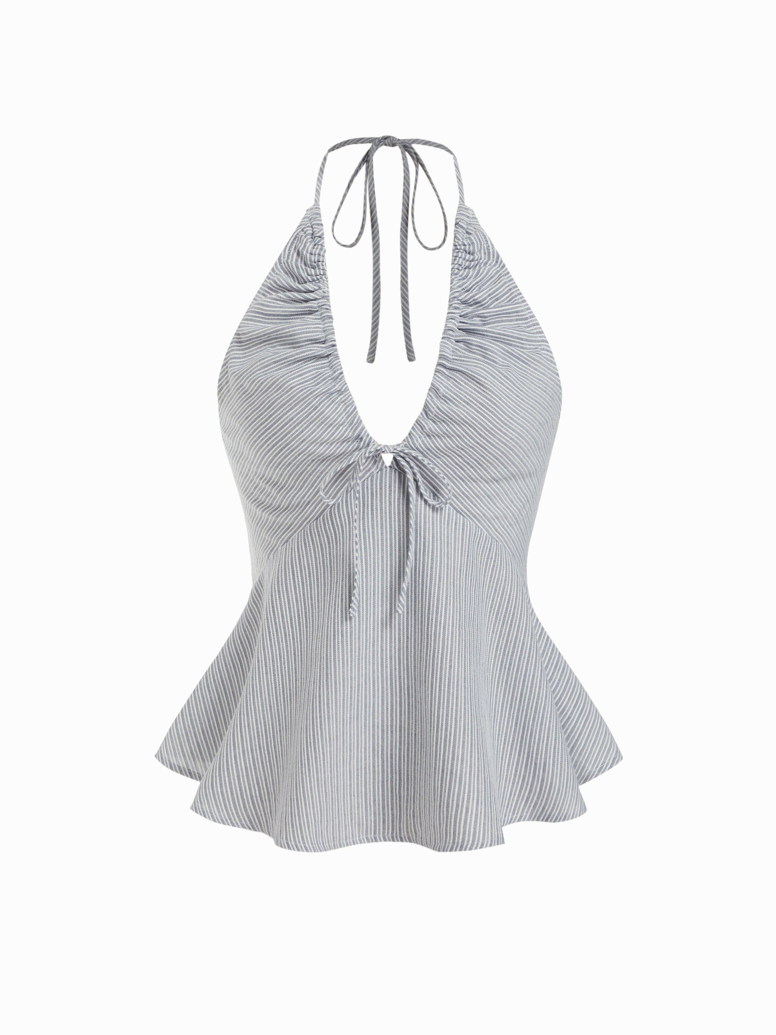 Cotton-blend Striped Halter Neckline Drawstring Peplum Hem Top by CIDER