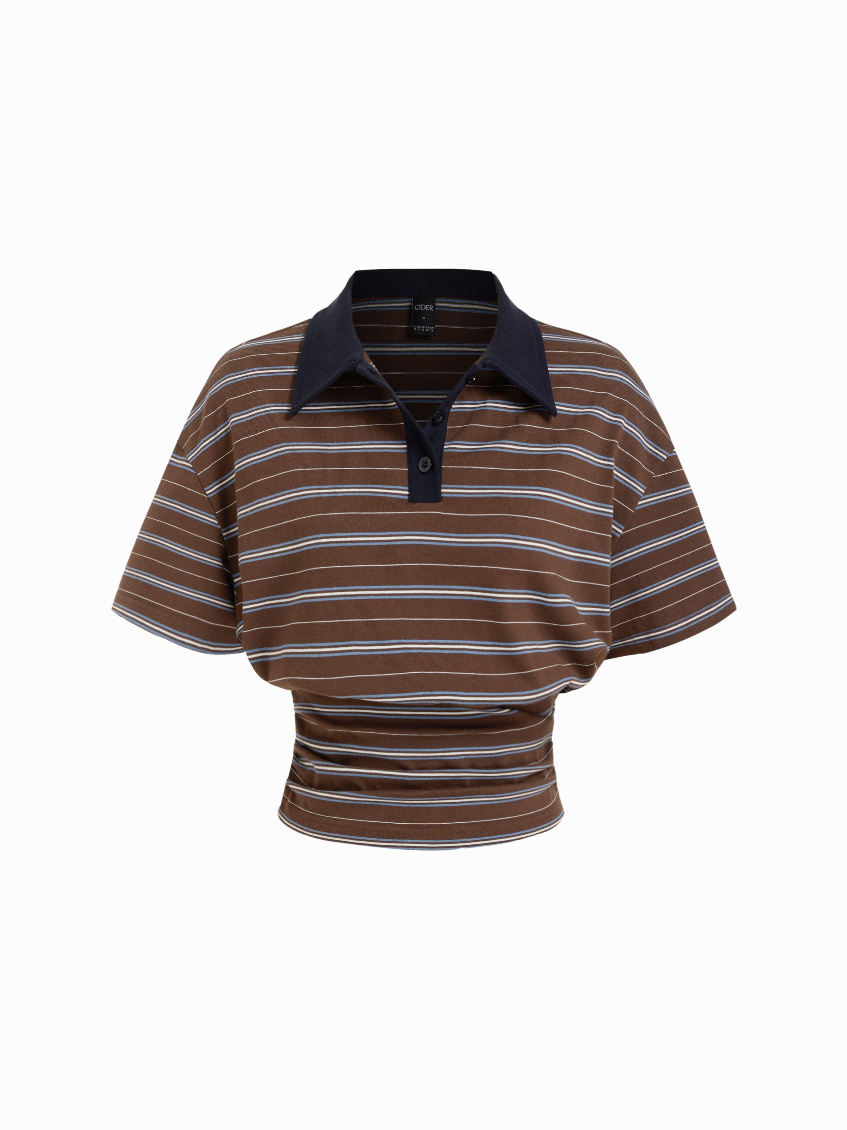Cotton-blend Striped Polo Neck Short Sleeve Ruched Tee by CIDER