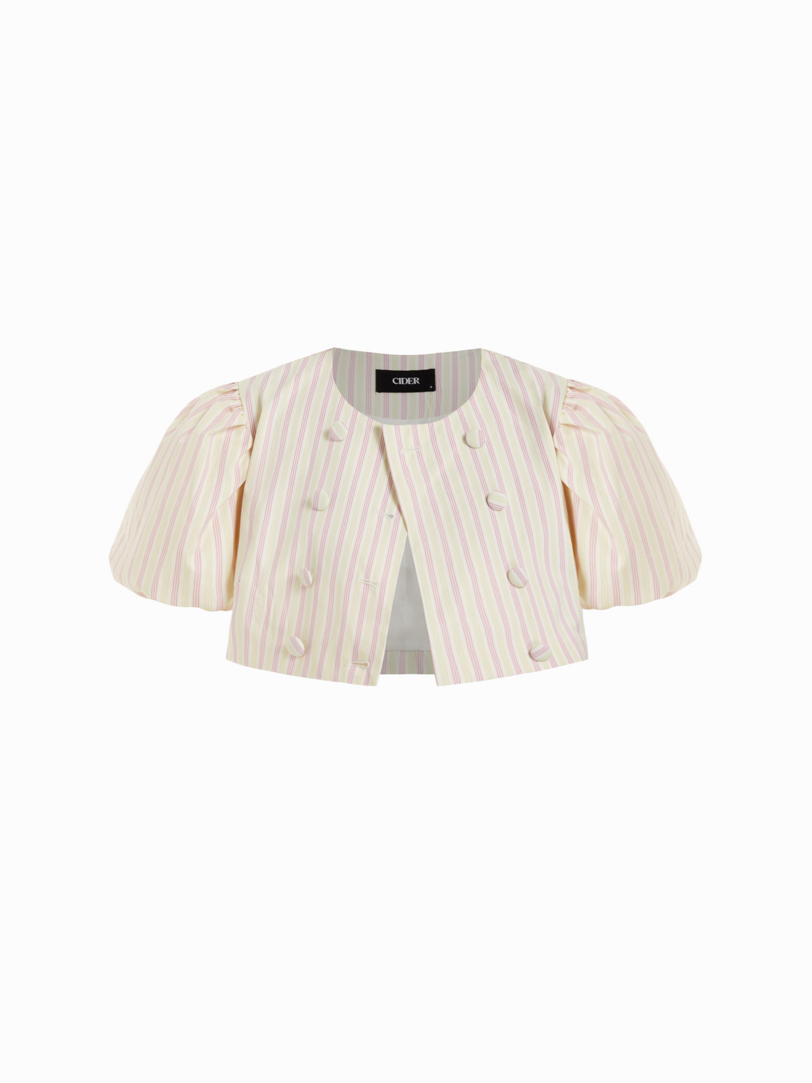 Cotton-blend Striped Puff Sleeve Crop Blouse by CIDER