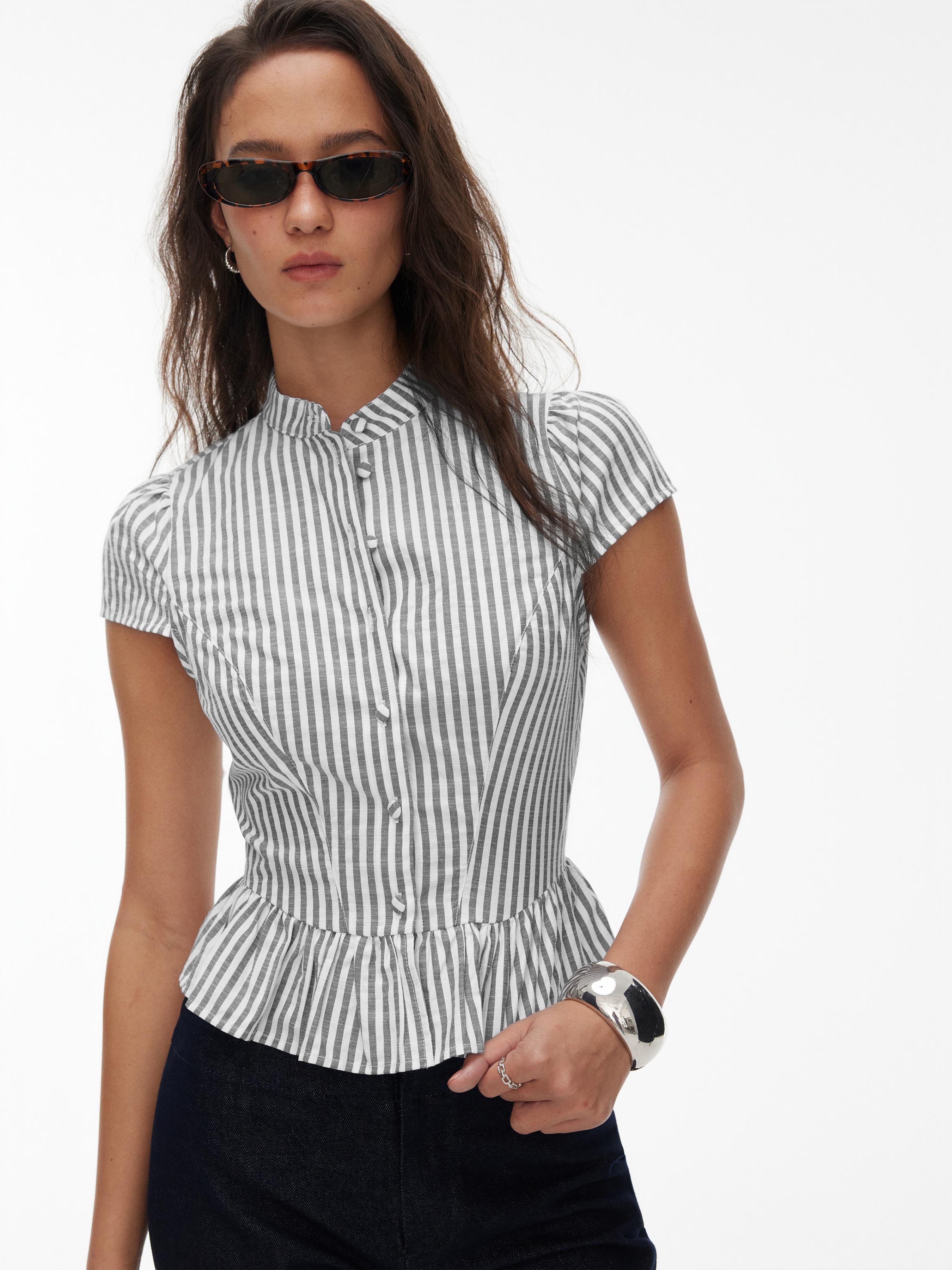 Cotton-blend Striped Puff Sleeve Ruffled Peplum Blouse by CIDER
