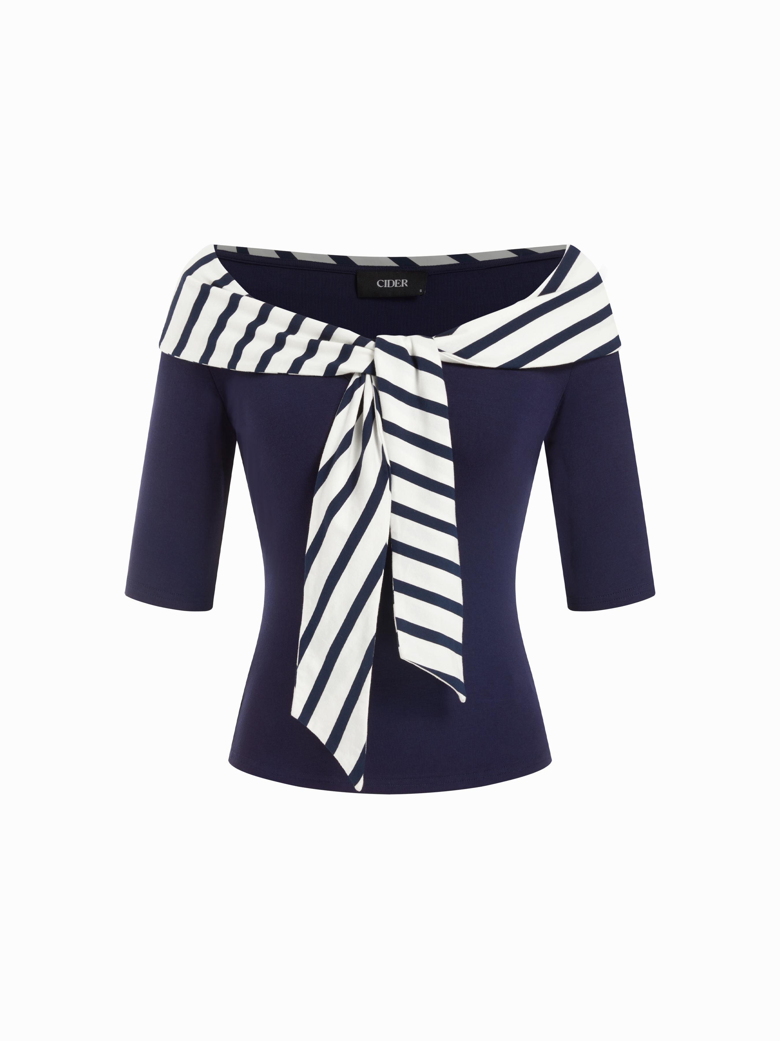 Cotton-blend Striped Sailor Collar Off-shoulder Mid-length Sleeve Tee by CIDER