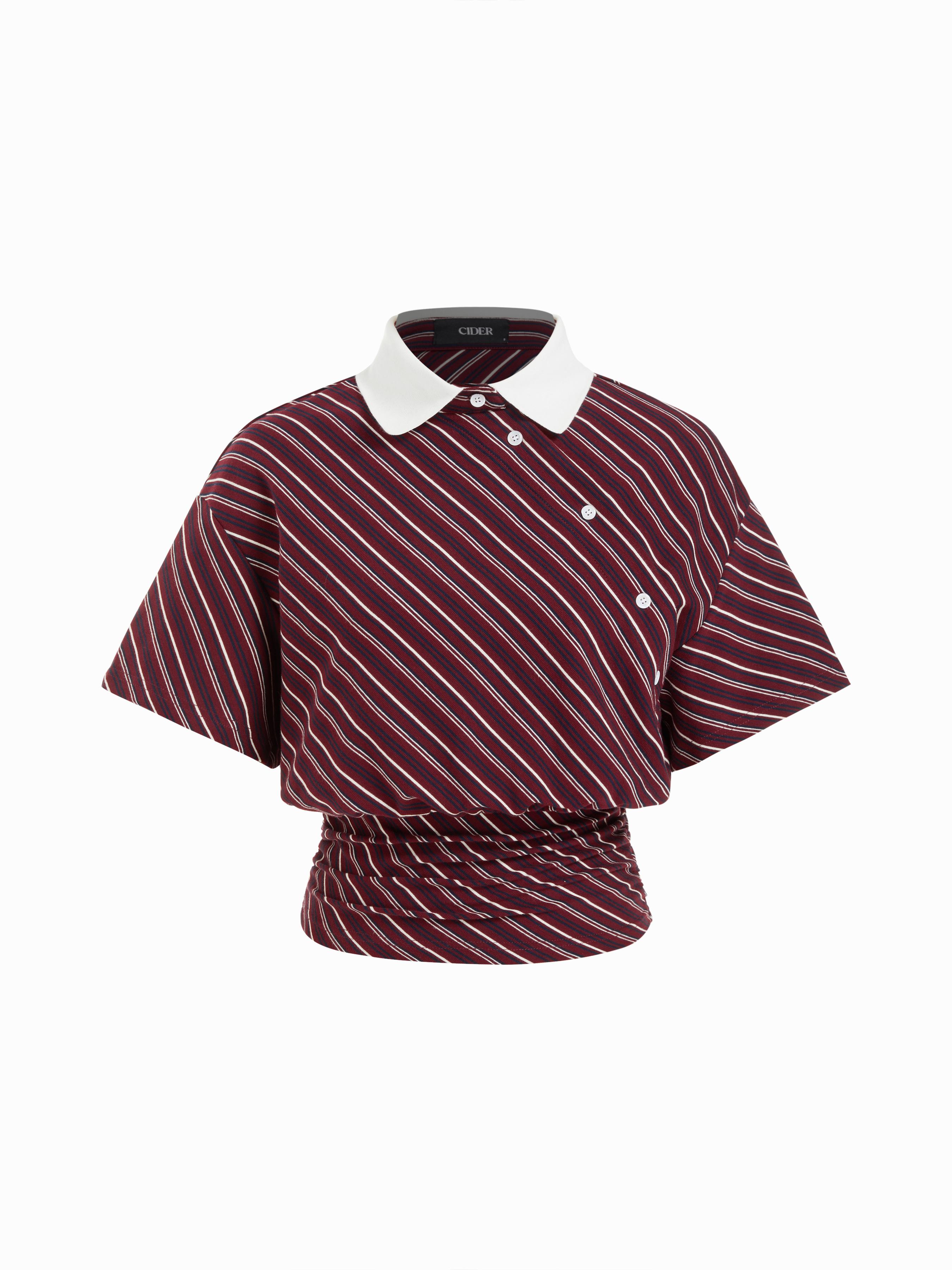 Cotton-blend Striped Short Sleeve Blouse With Ruched Hem by CIDER