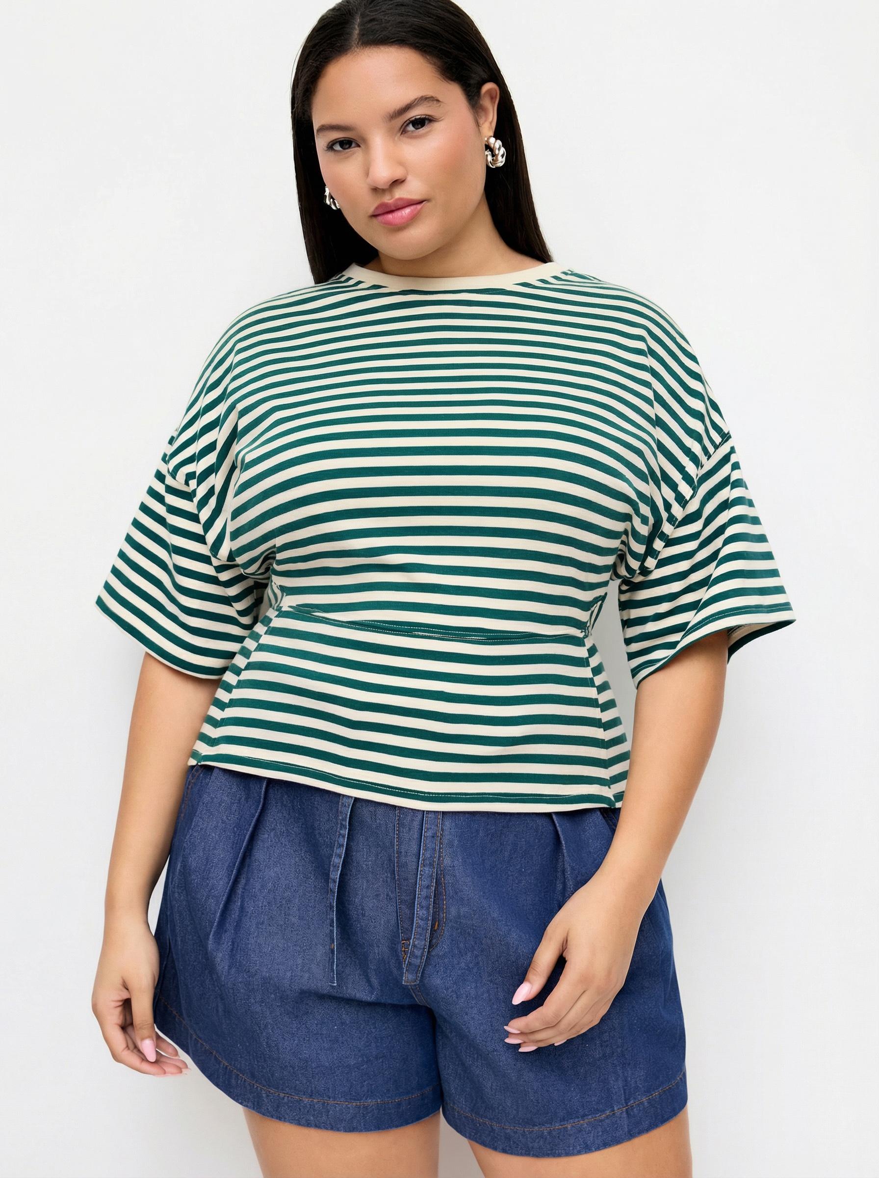 Cotton-blend Striped Short Sleeve Cinched Waist Tee Curve & Plus by CIDER