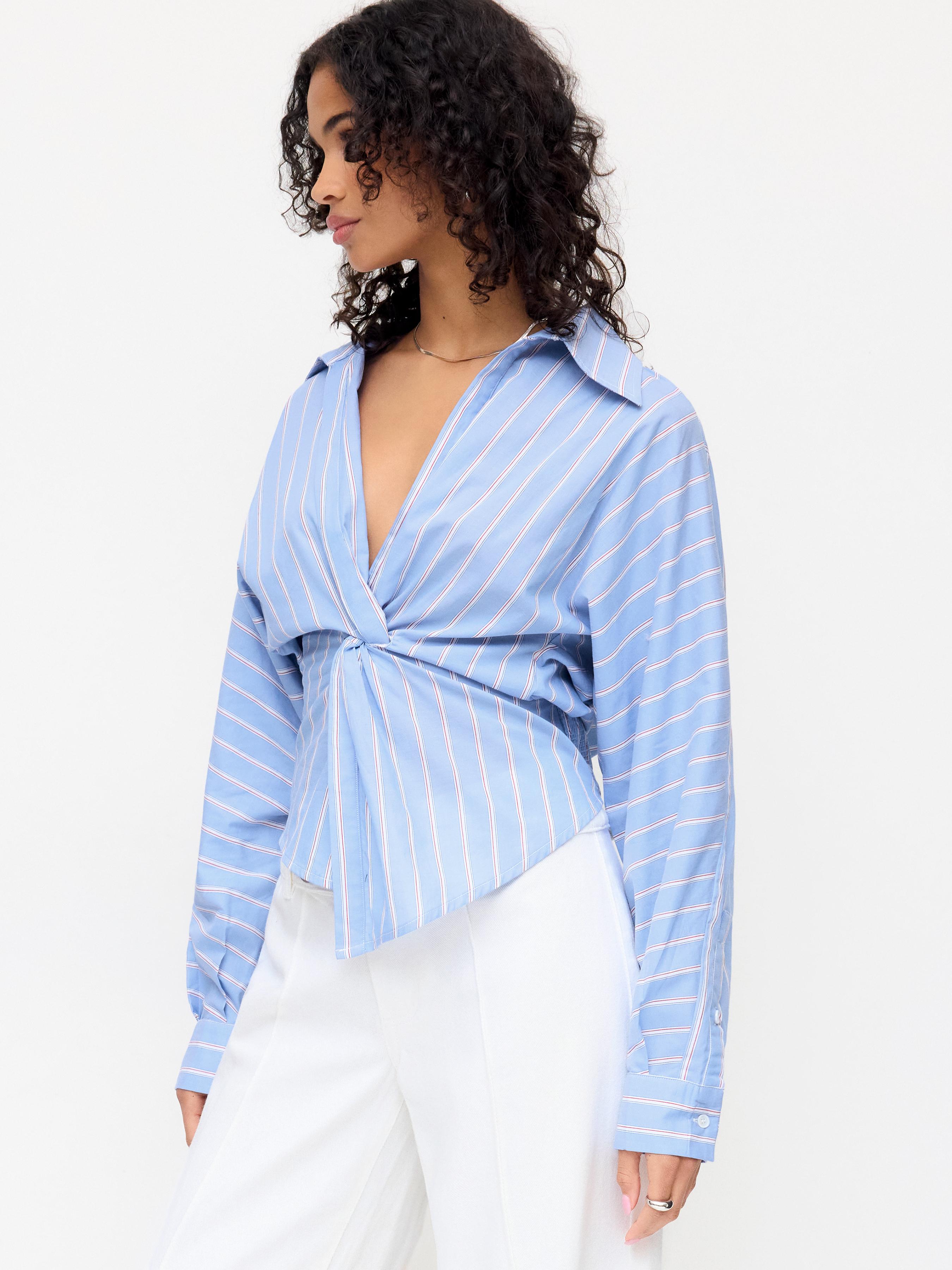 Cotton-blend Striped V-Neck Twist Knotted Long Sleeve Blouse by CIDER