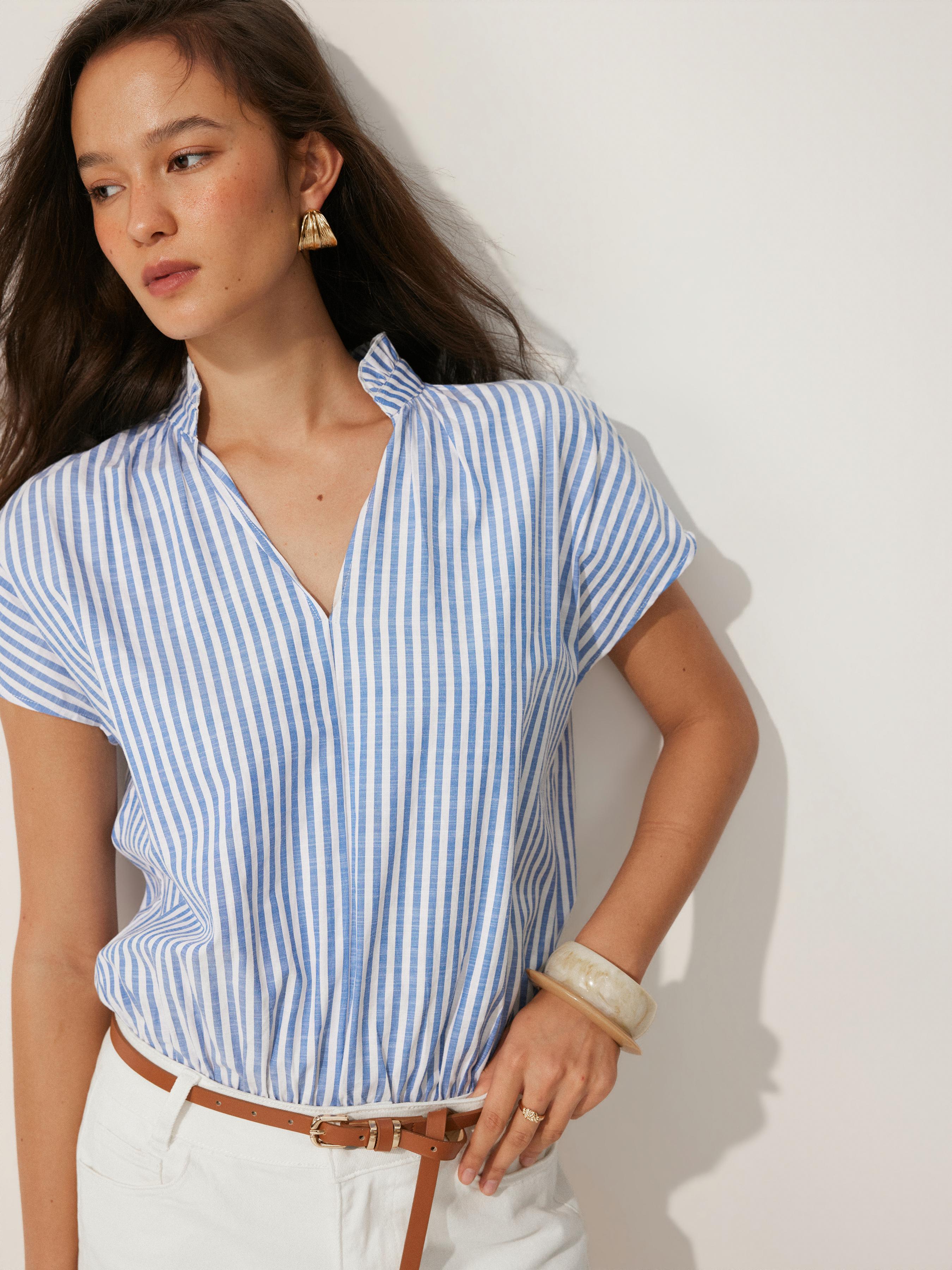 Cotton-blend Striped V-neck Ruffled Collar Sleeveless Bodysuit by CIDER